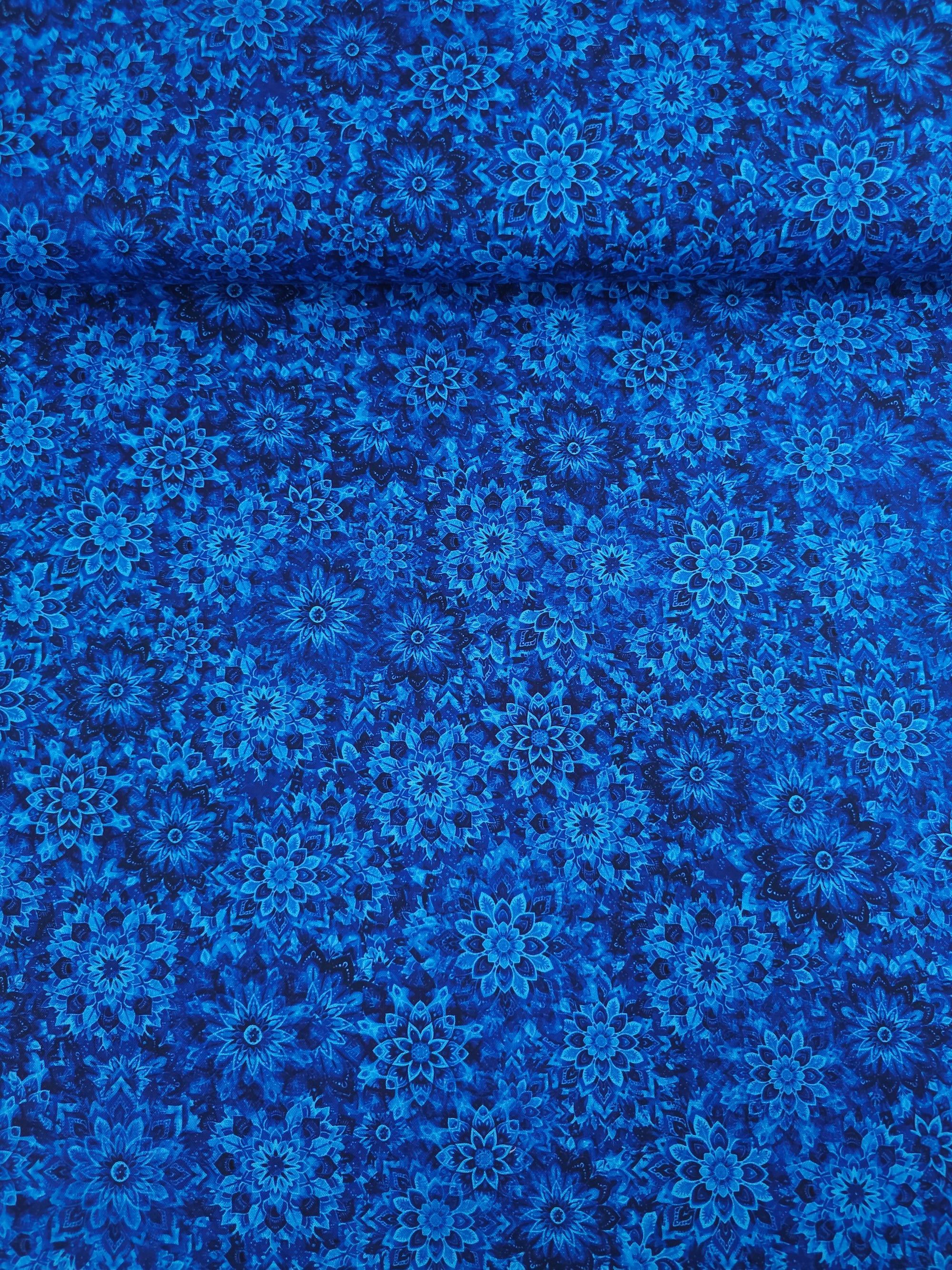 Dark Blue Dancing Dahlias Kaleidoscope 100% Cotton