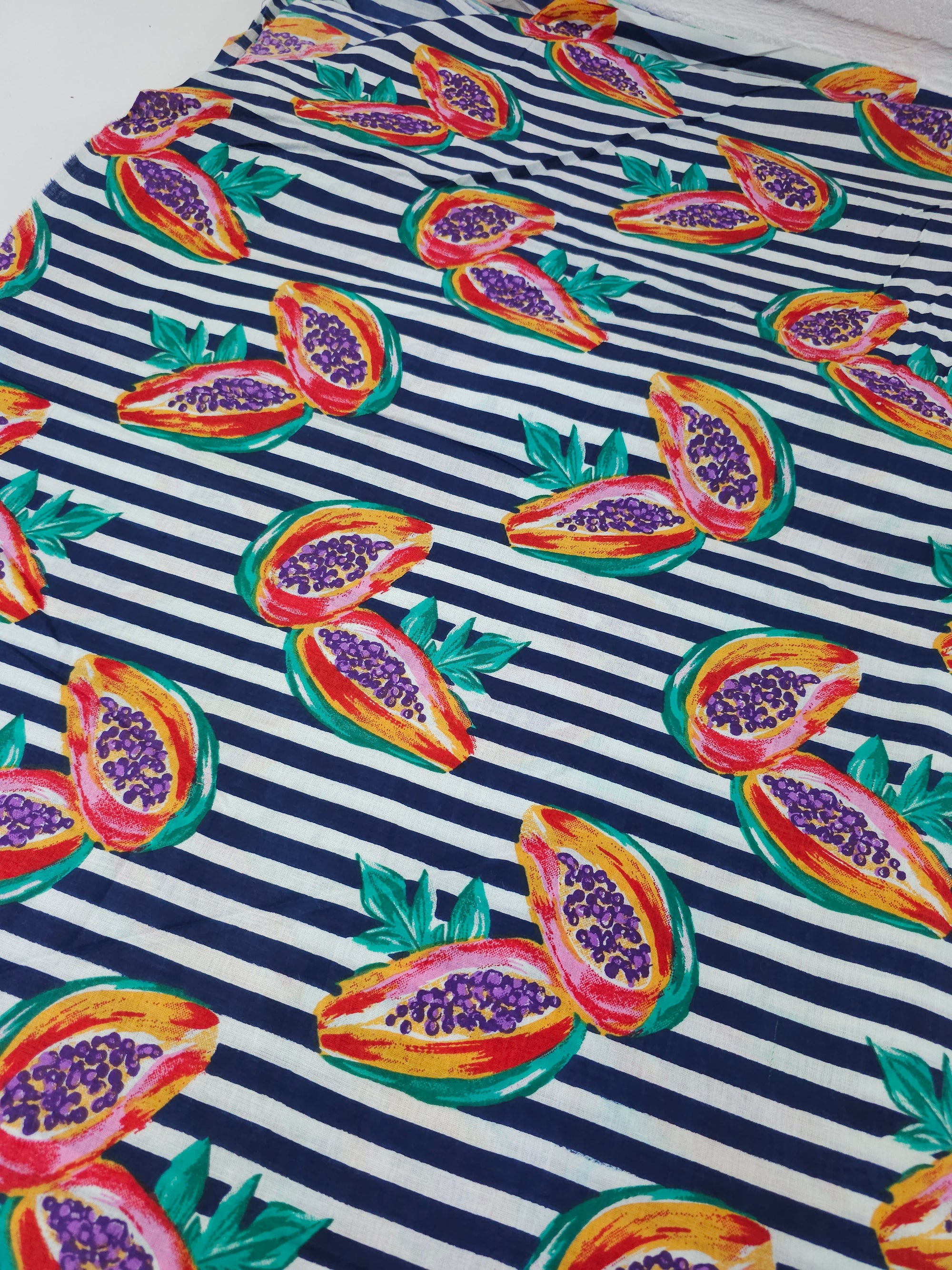 Navy Papaya Stripe Lightweight Cambric Cotton