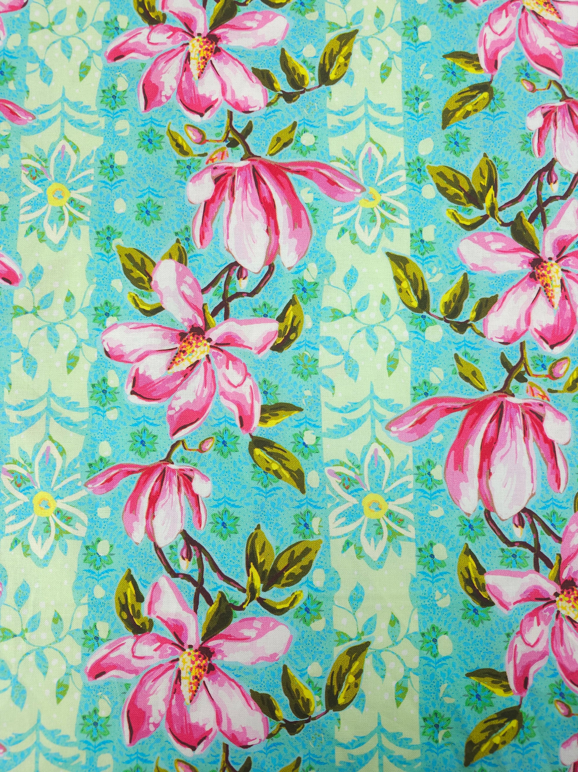 Pink/Turquoise Wildflower Vine 100% Cotton