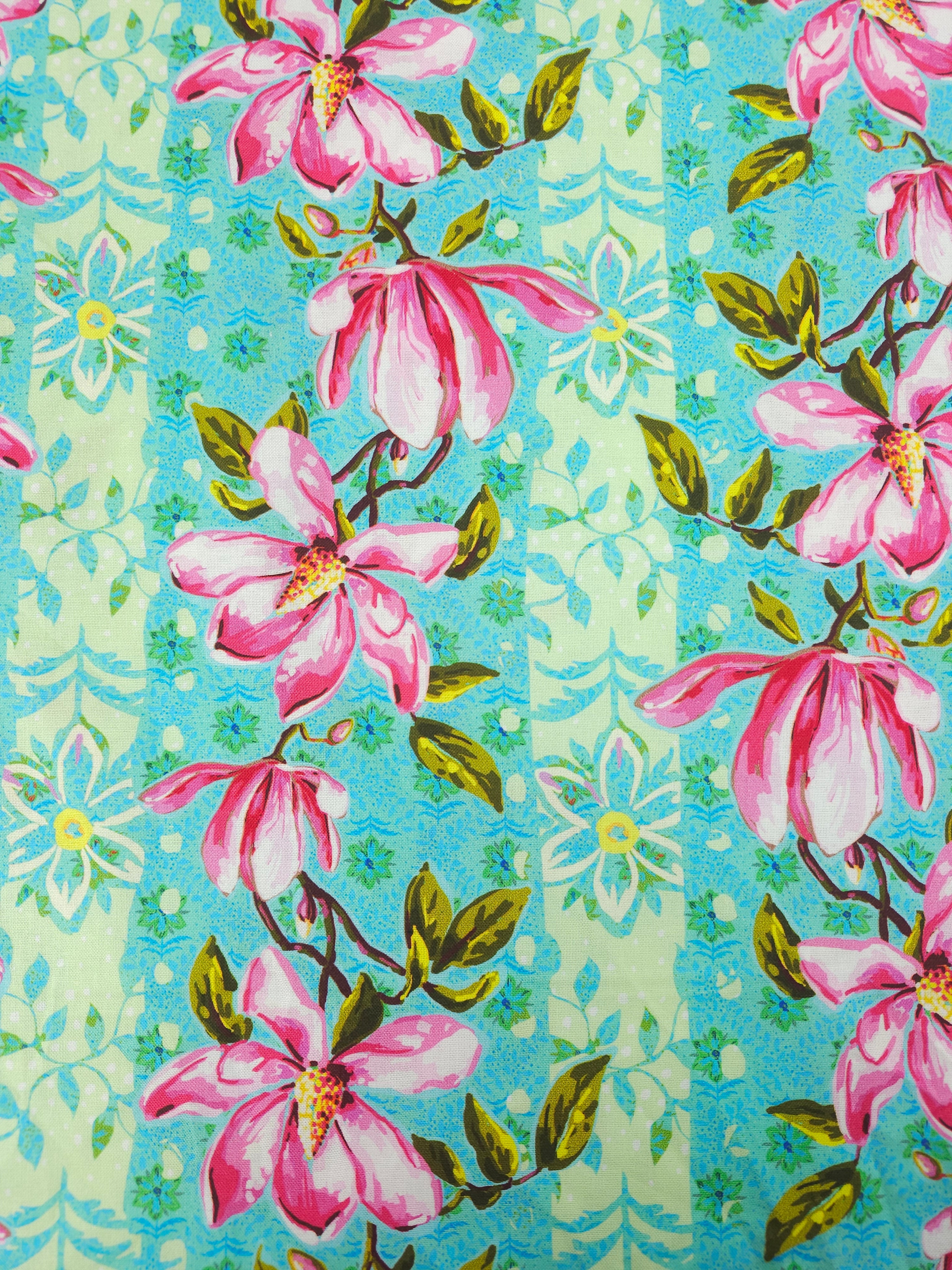 Pink/Turquoise Wildflower Vine 100% Cotton