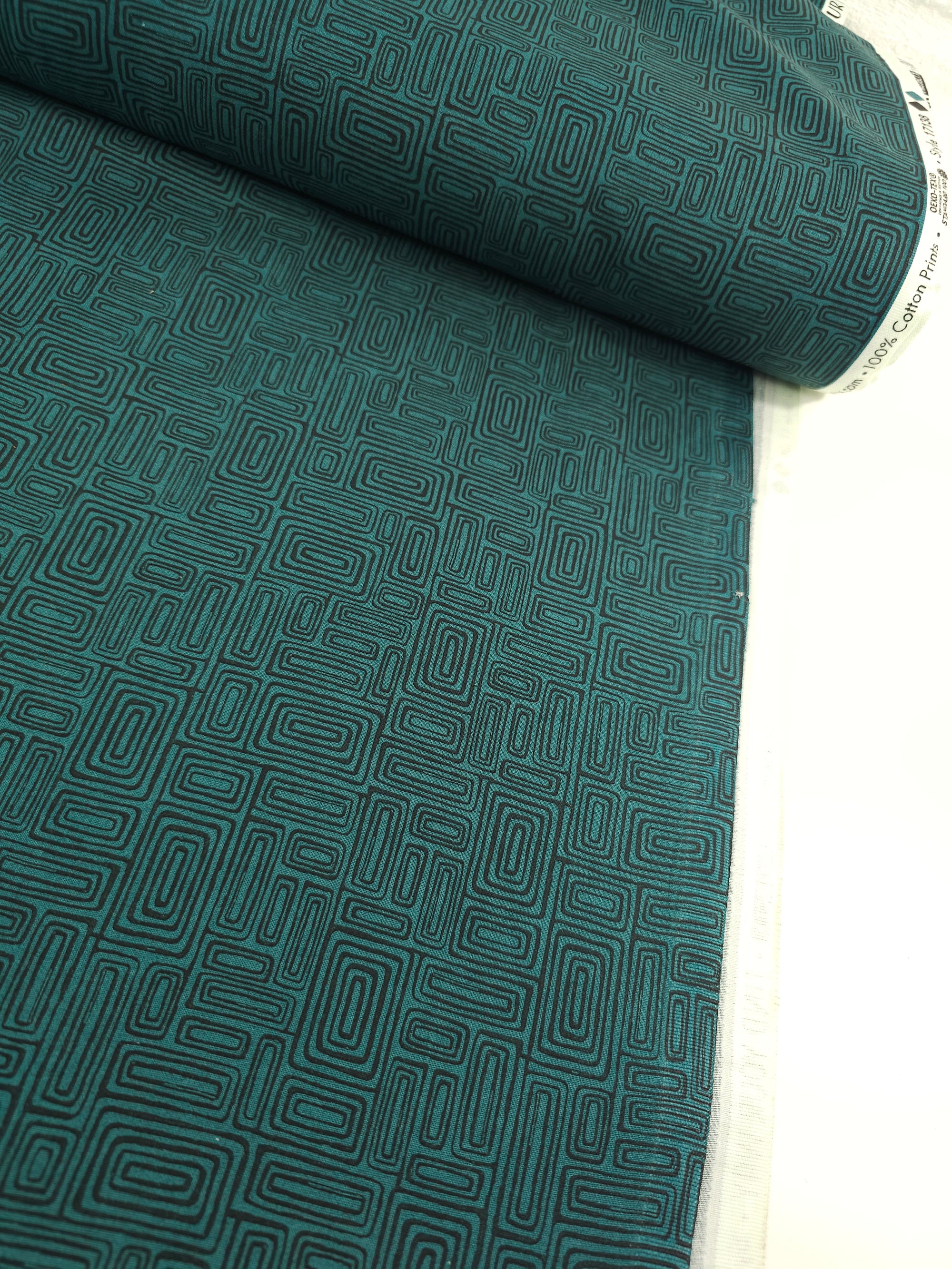 Dark Green Abstract Rectangle Doodle 100% Cotton - Benartex