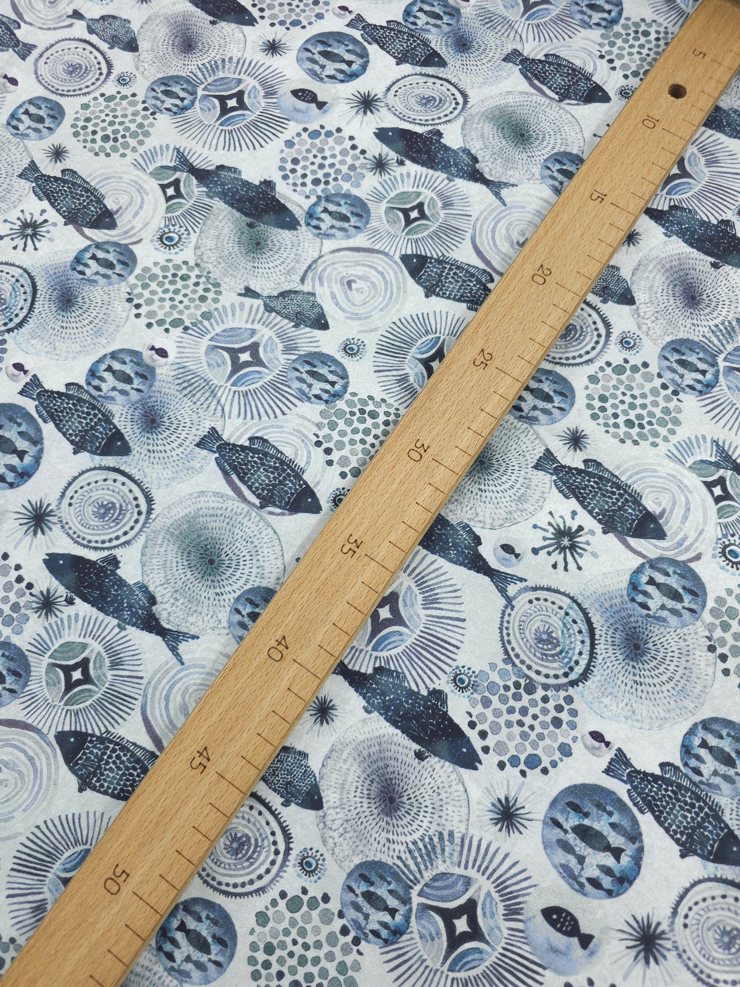 Bluey Grey Abstract Fish Spirals 100% Cotton