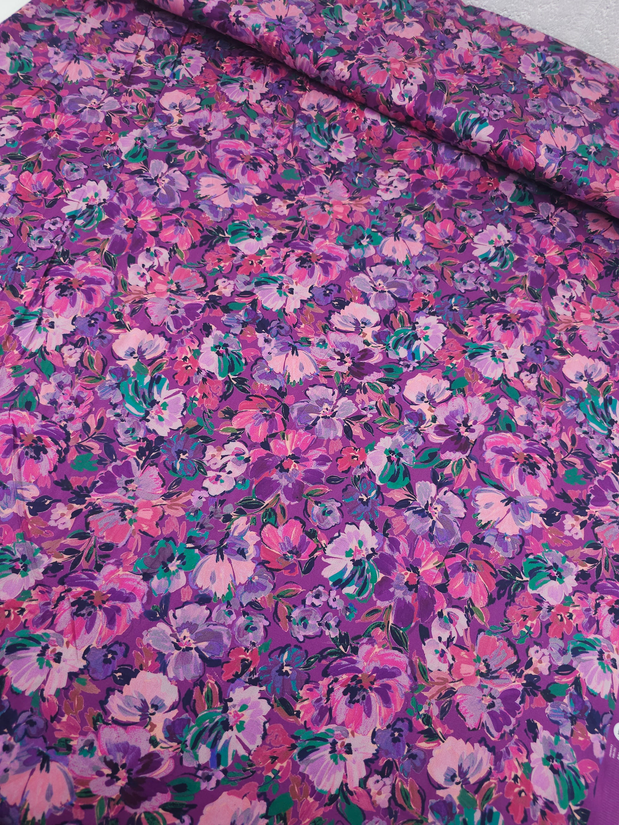 Purple Painterly Floral Meadow Cotton Satin 60"