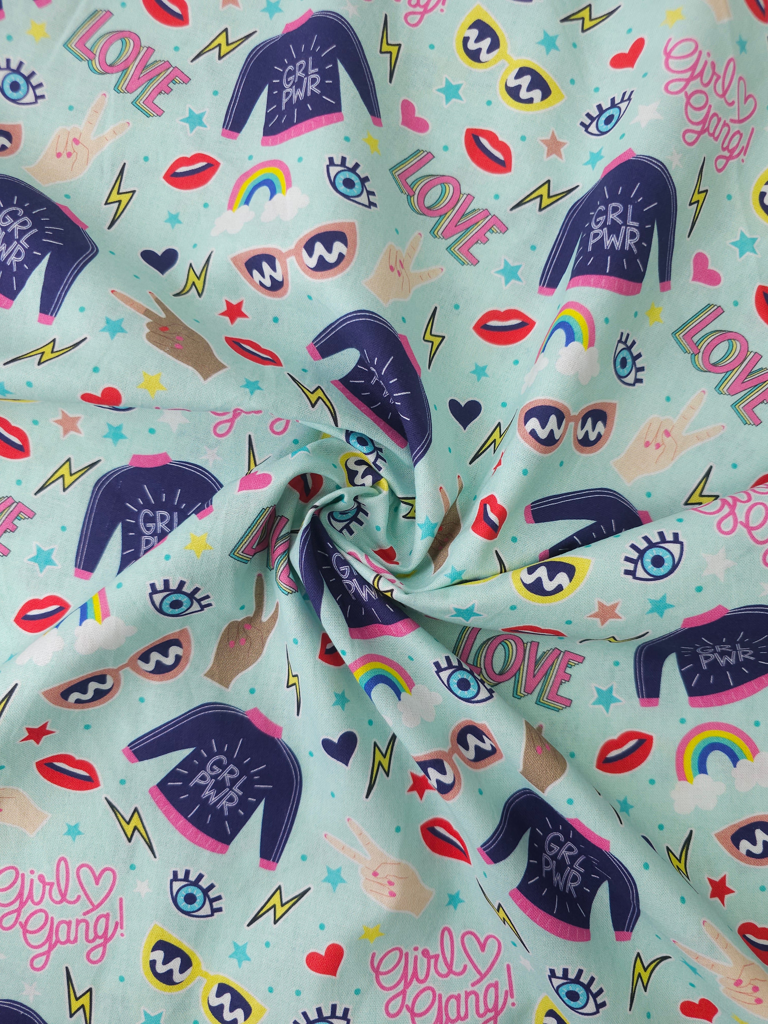 Minty Blue Girl Power 100% Cotton