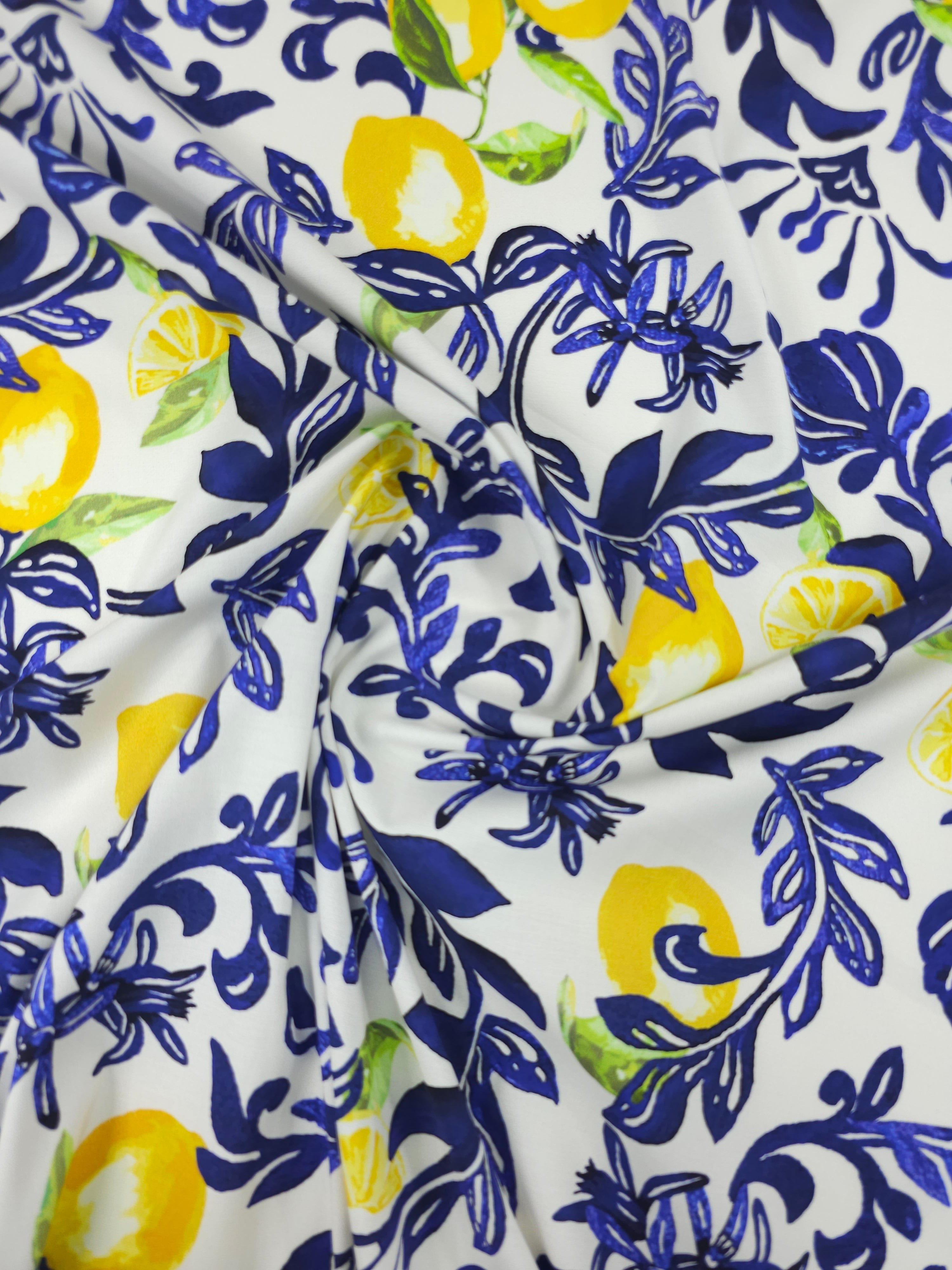 Blue/White Lemon Floral Lightweight Cotton - 1.75m Panel
