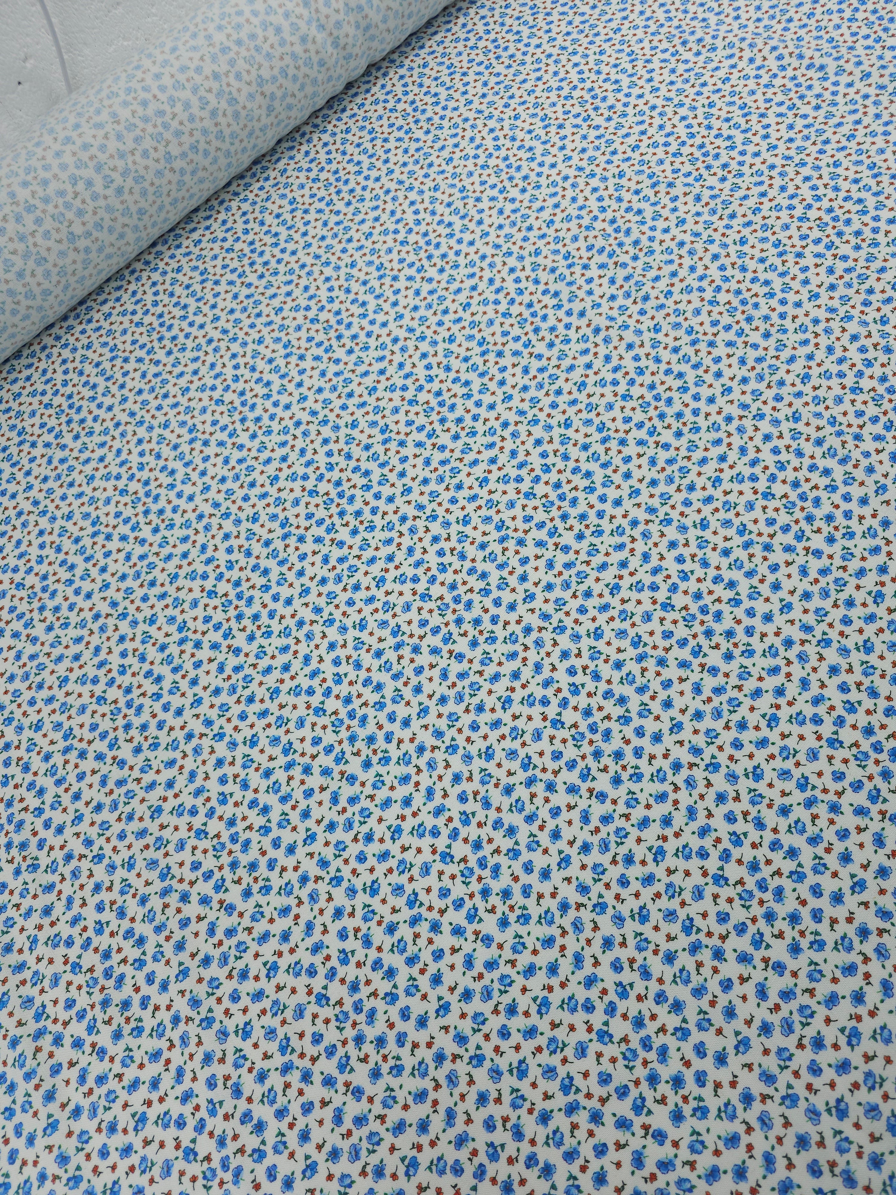 Blue/Red Ditsy Floating Floral Viscose Linen