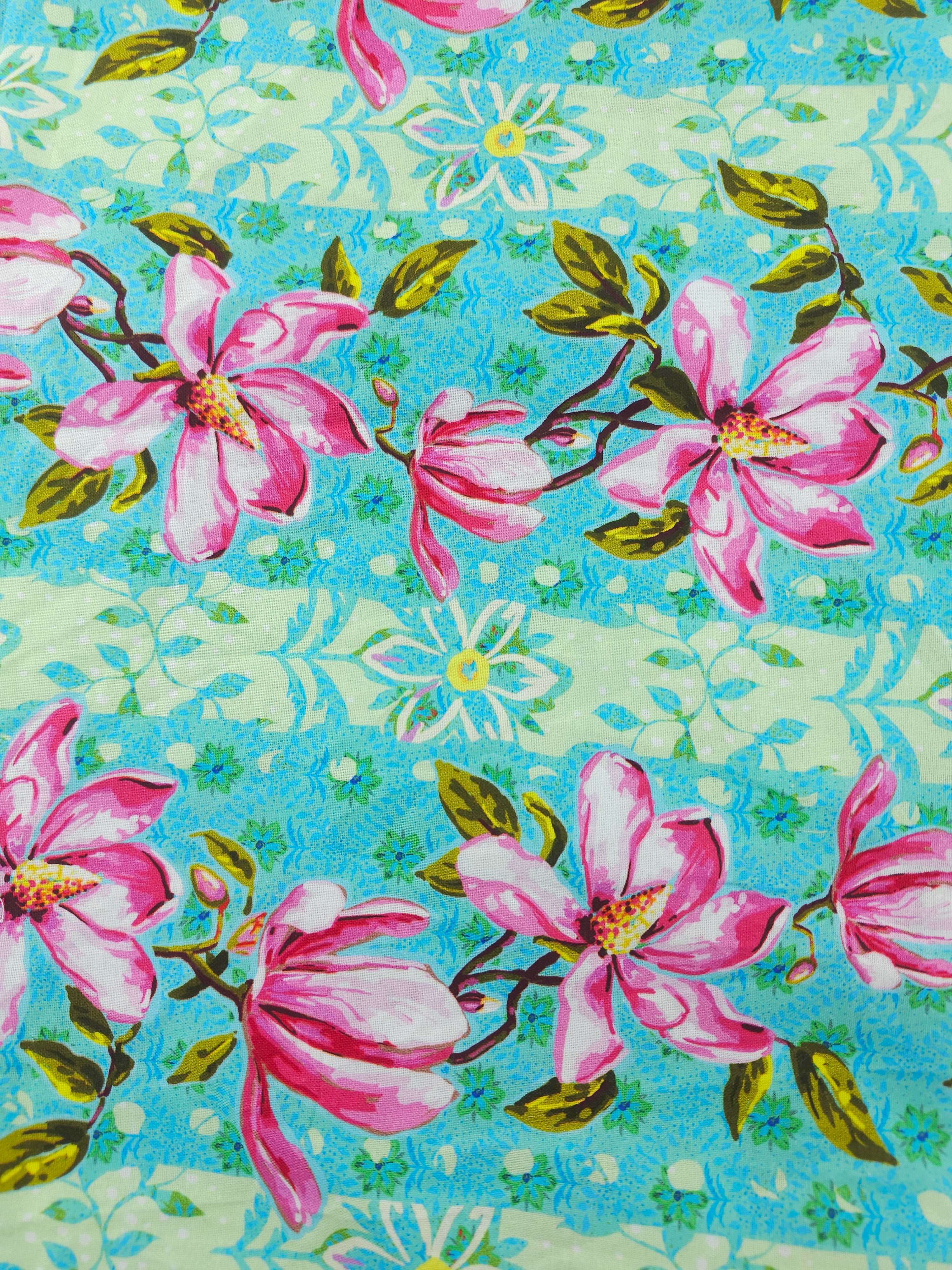 Blue striped pink flower Cotton- 1m piece