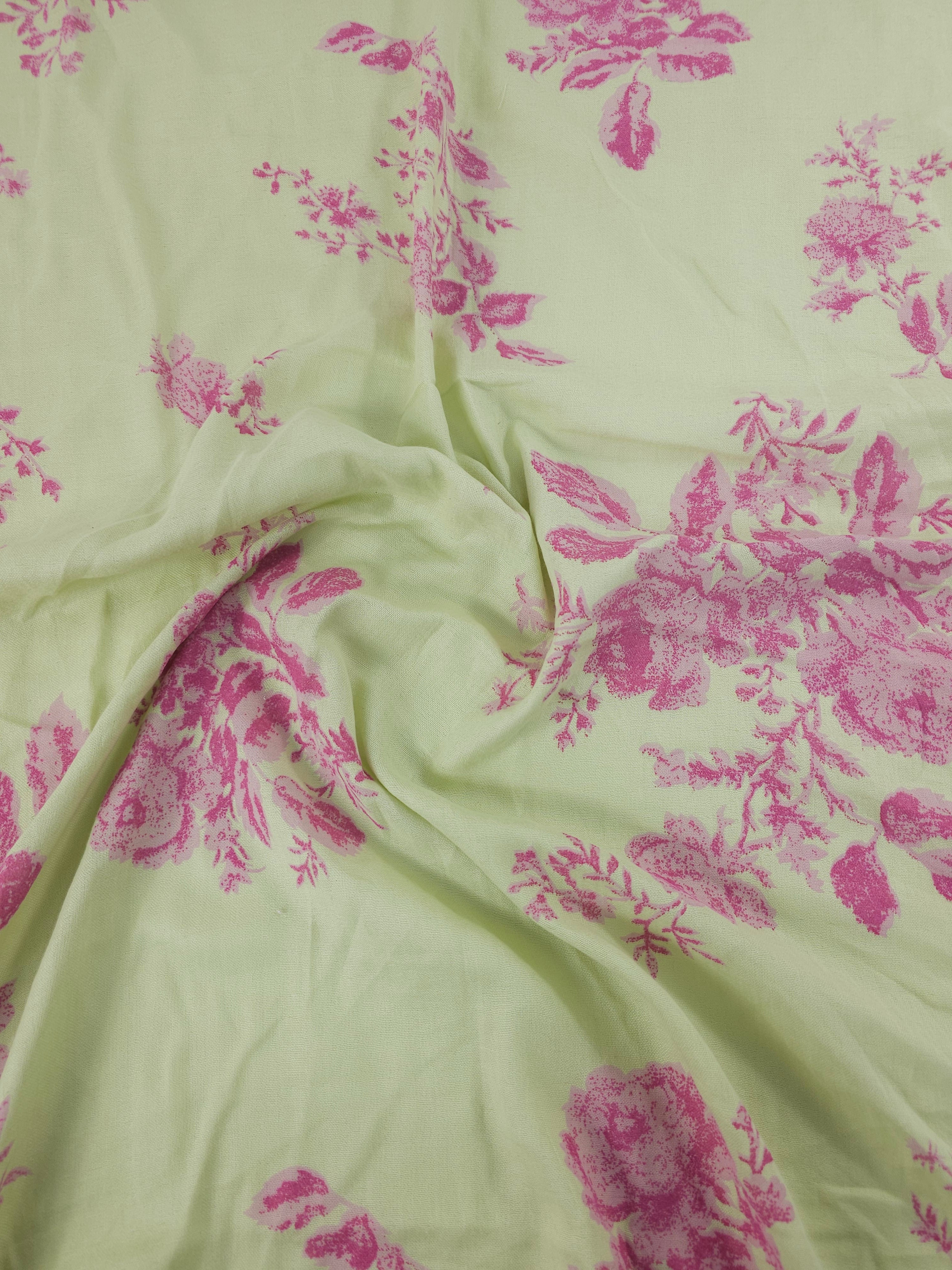 Pale Lime/Pink Rose Floral Double Gauze
