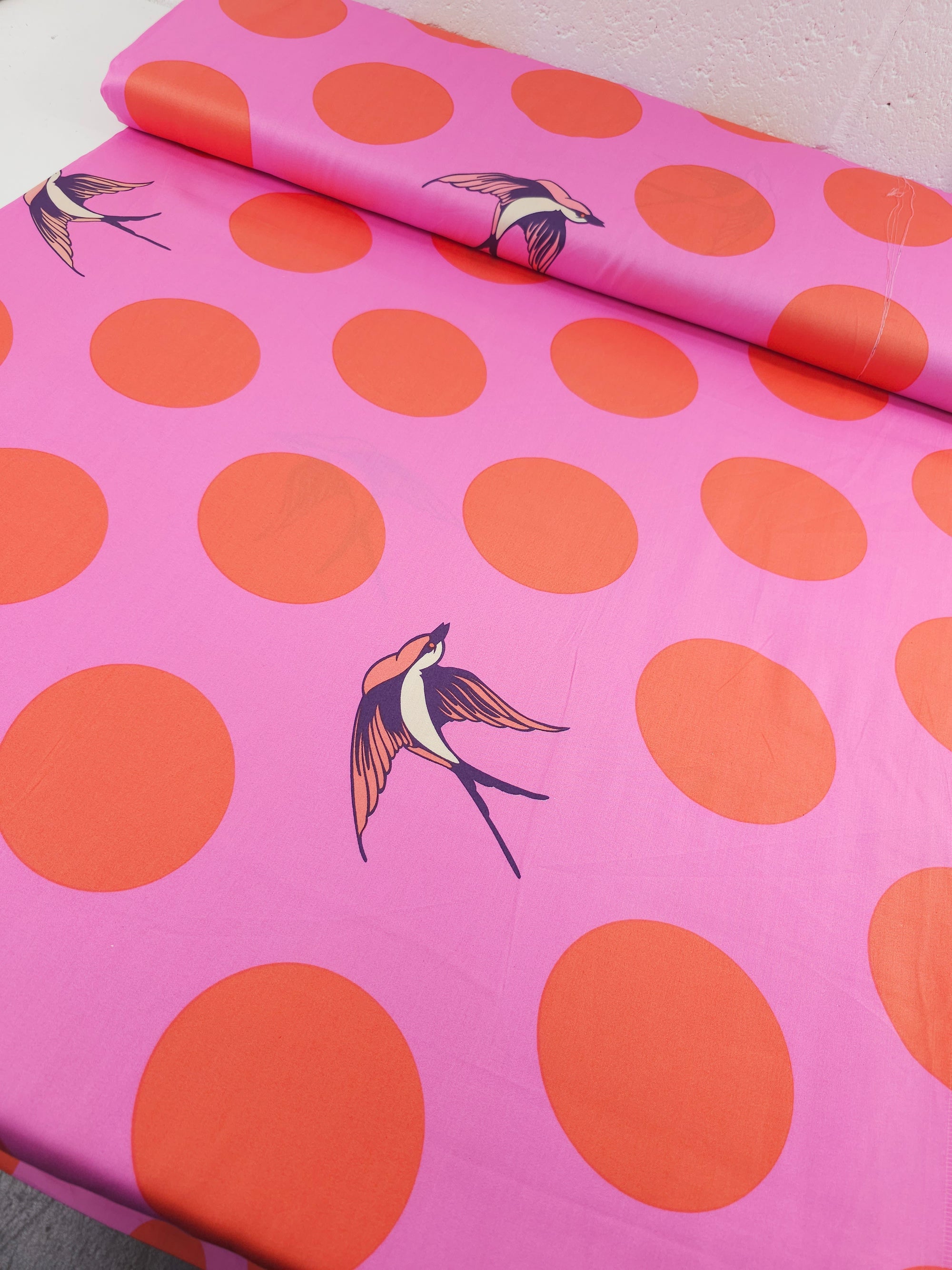 Orangey Red/Pink Free Fall Bird Polka Cotton Sateen 103" - Tula Pink *EXTRA WIDE*