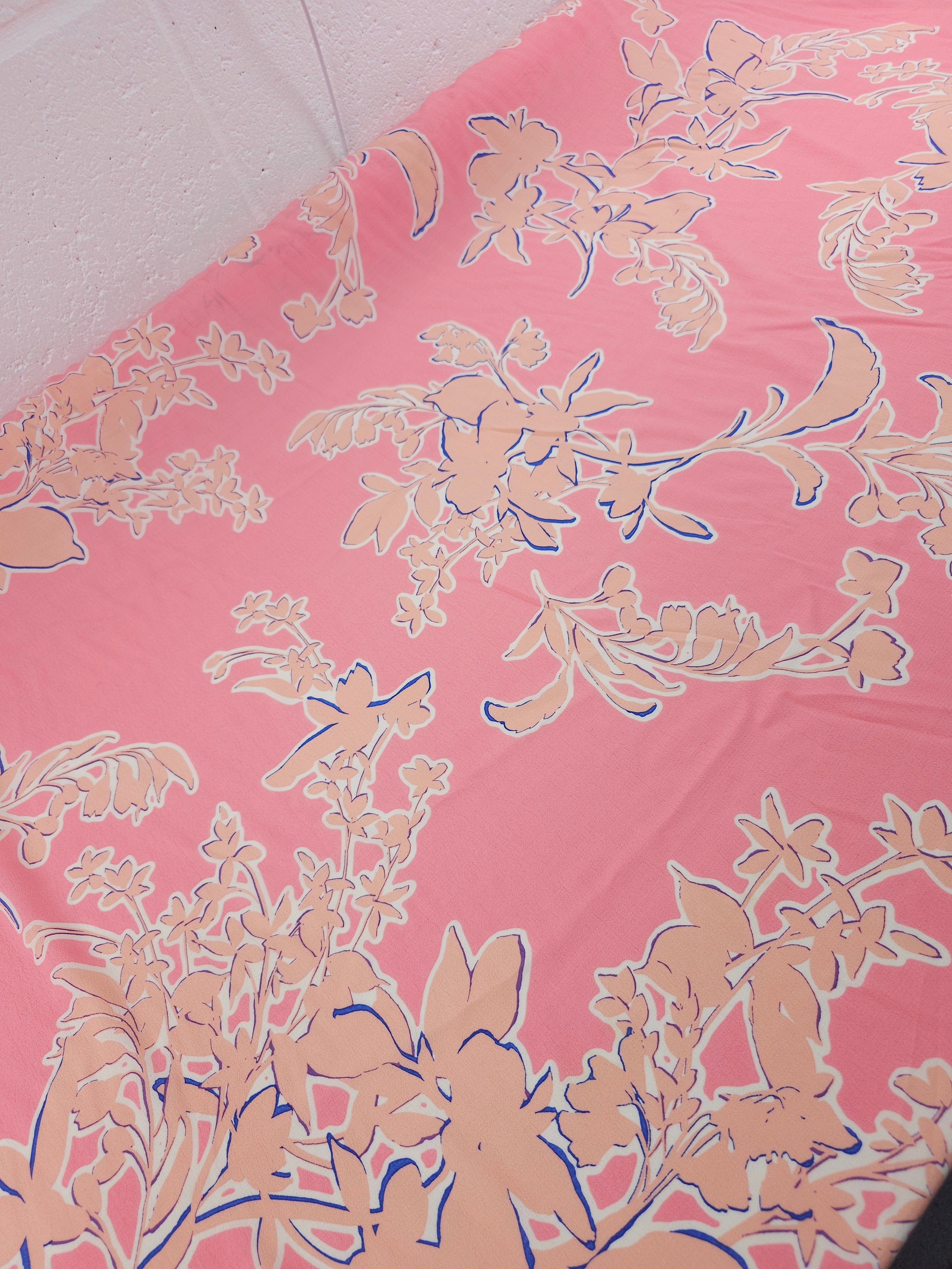 Pink/Peach Floral Outline Viscose Crepe