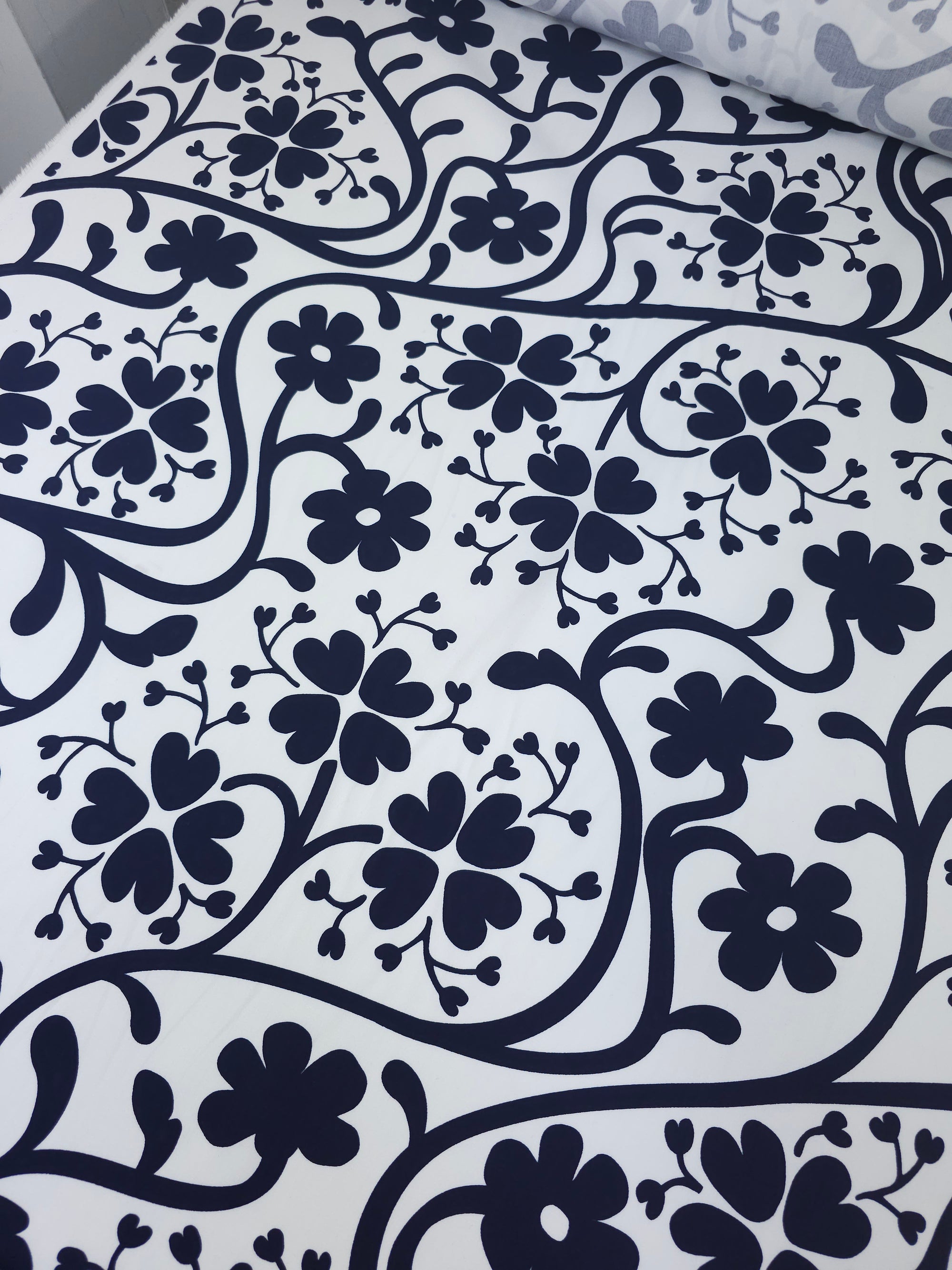 Navy/White Floral Clover Heart Lightweight Cotton Sateen *DEFECT*