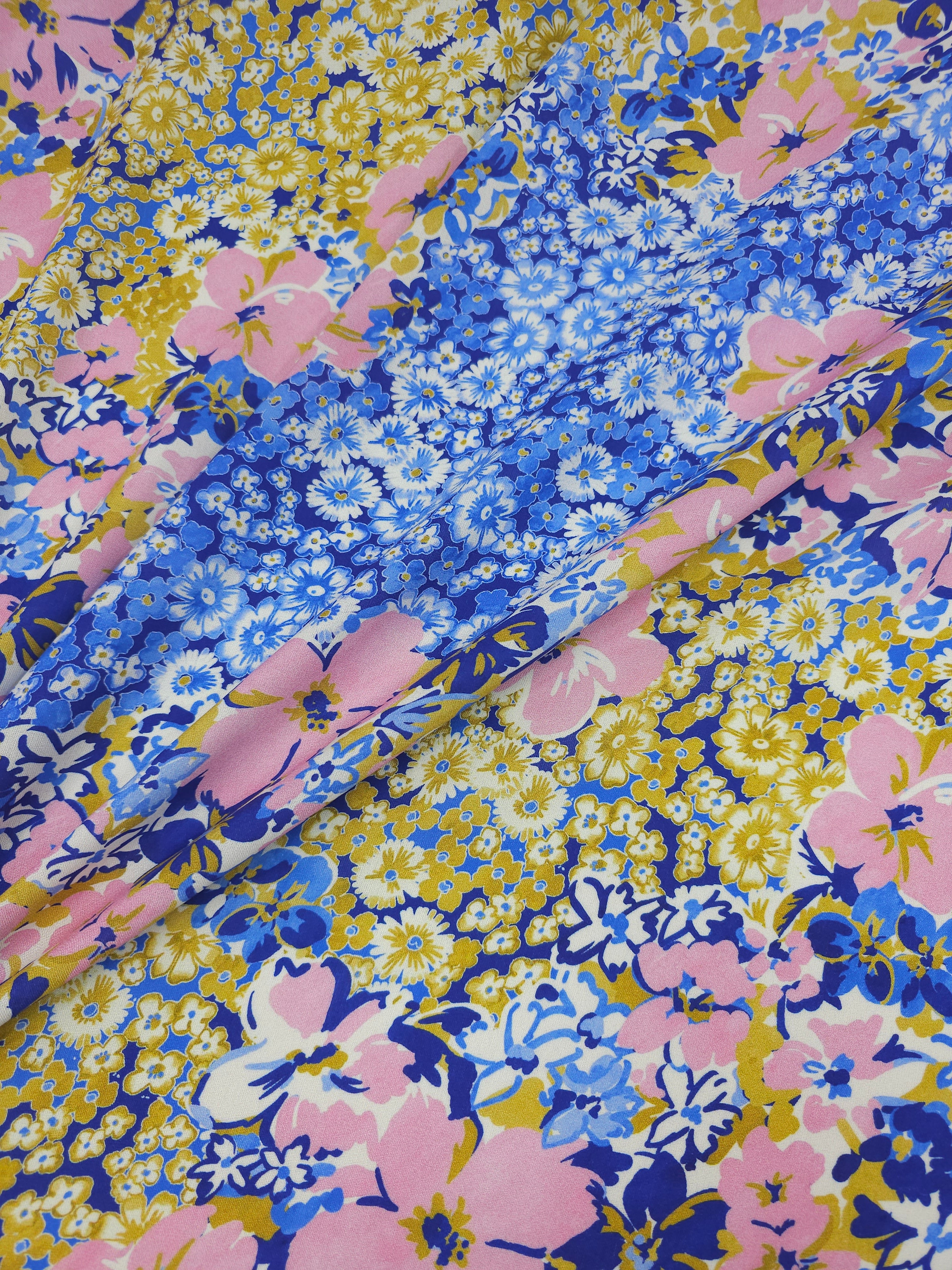 Blue/Marigold Daisy Blossom Viscose Challis