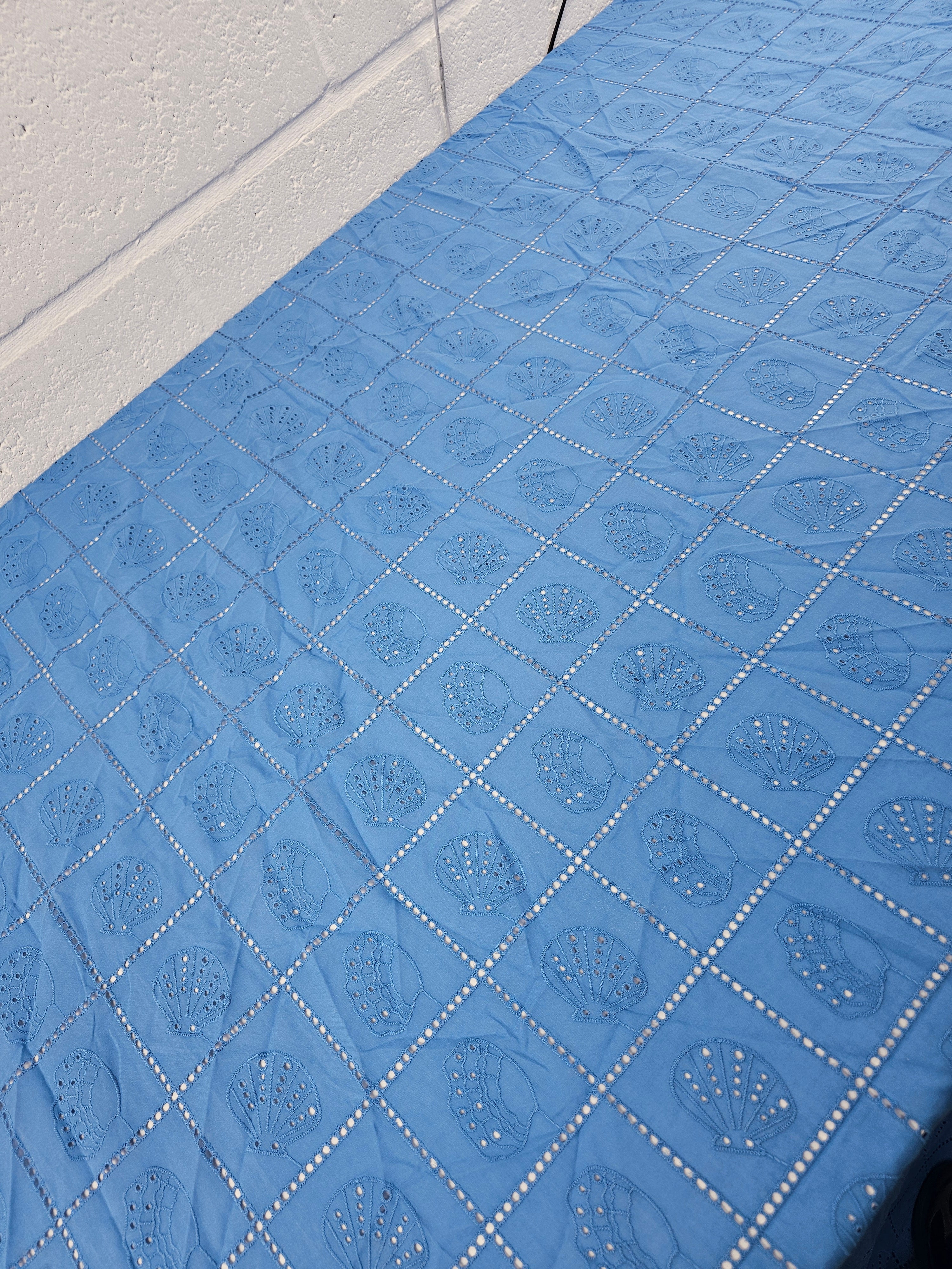 Soft Blue Shell Grid Lightweight Cotton Broderie Anglaise
