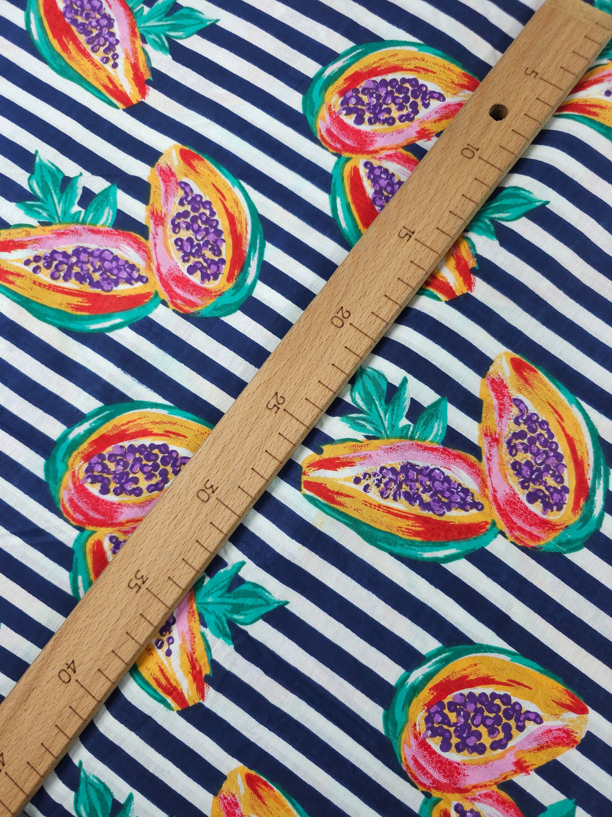 Navy Papaya Stripe Lightweight Cambric Cotton