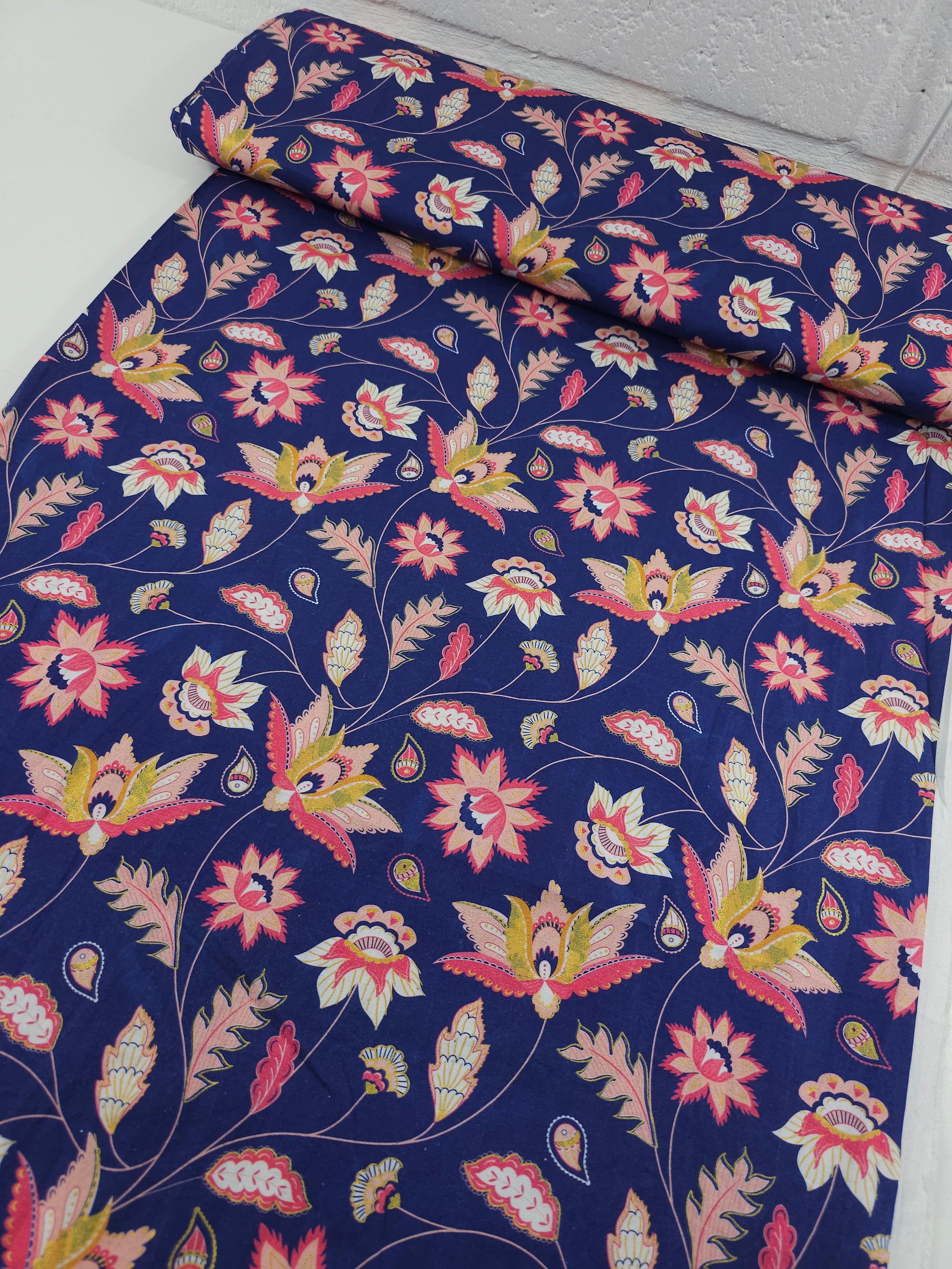 Navy/Pink Retro Floral 100% Cotton