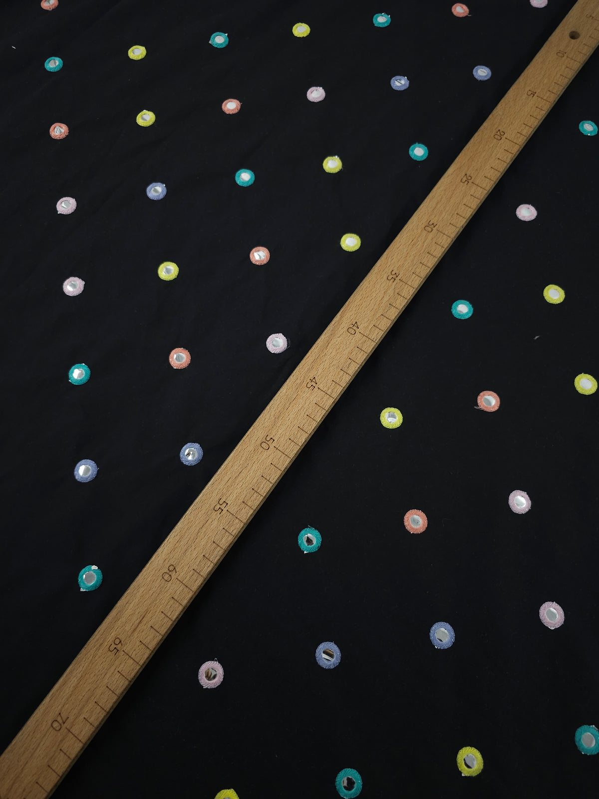 Black/Pastel Embroidered Mirror Circles Cotton Poplin