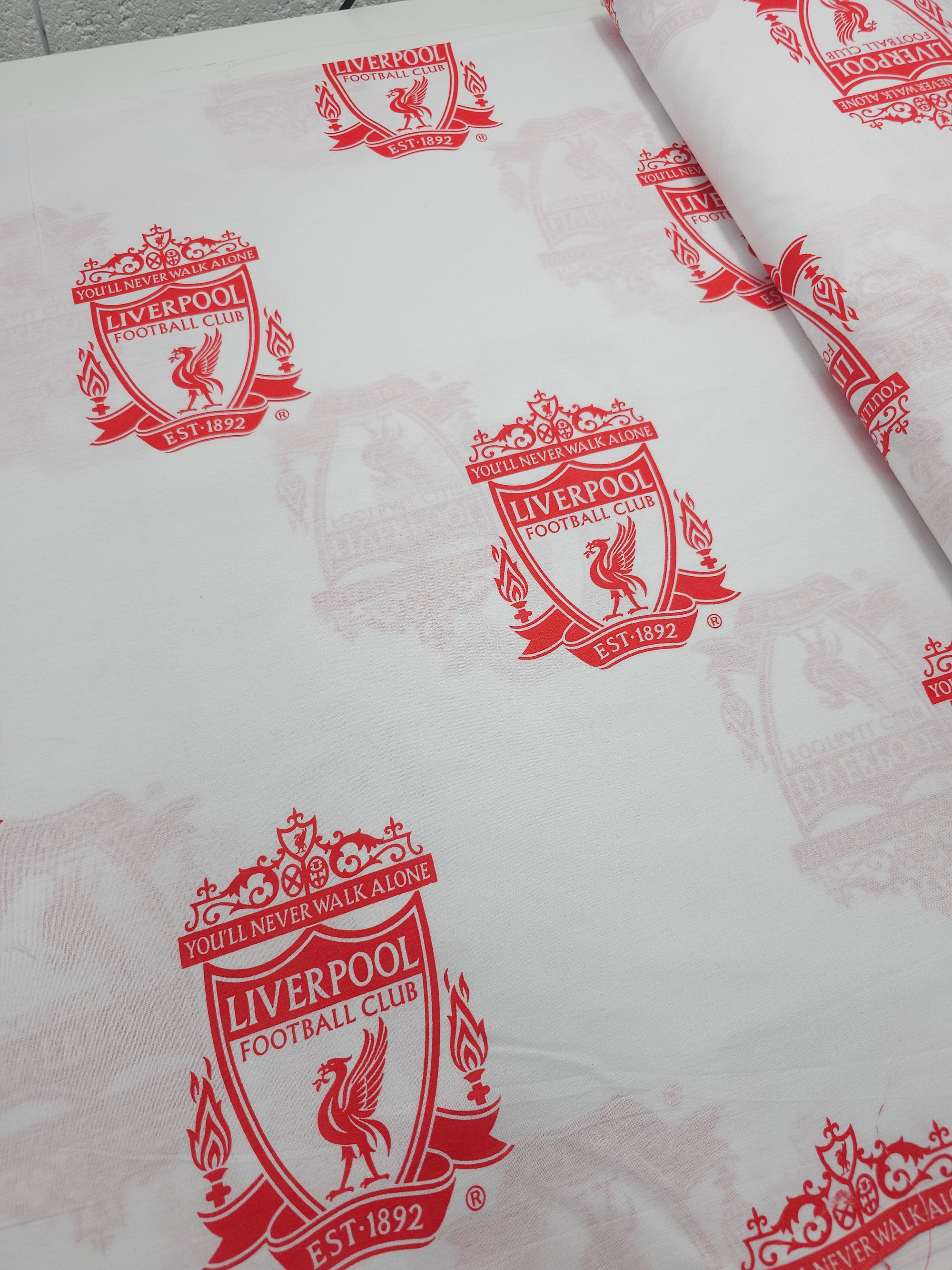 White/Red Liverpool FC Emblem 100% Cotton Football Fabric 106" *EXTRA WIDE*