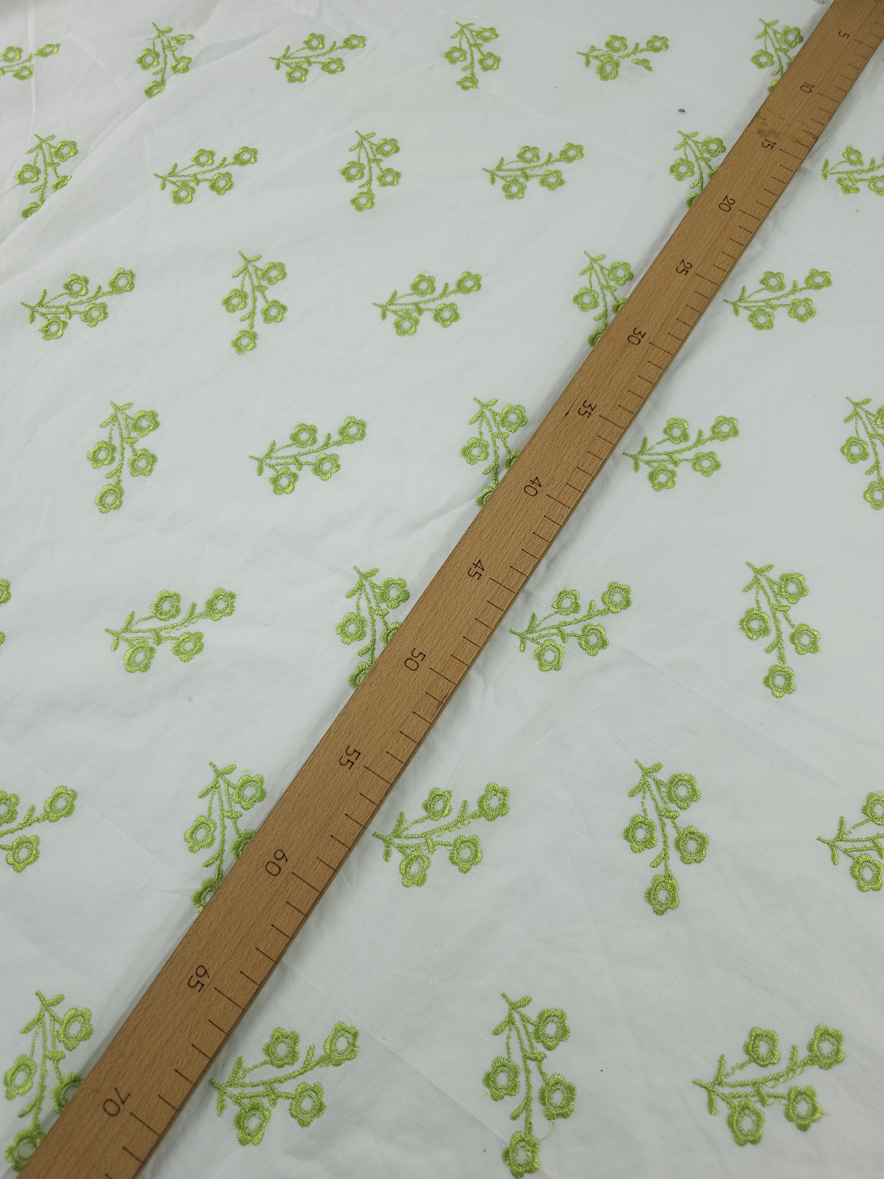 Lime Green Flower Stems Cotton Poplin Broderie Anglaise