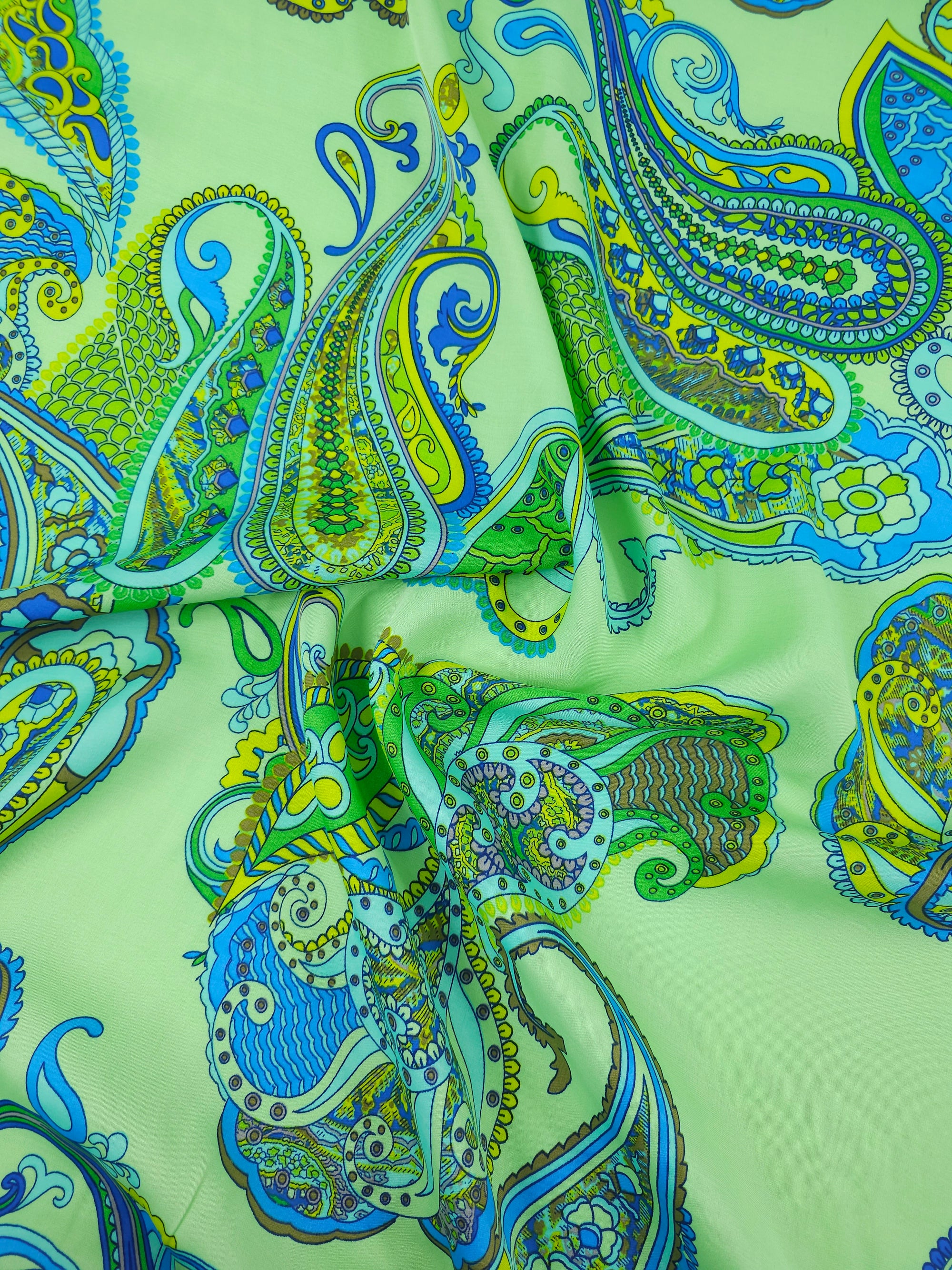 Lime Green/Blue Paisley Viscose Satin
