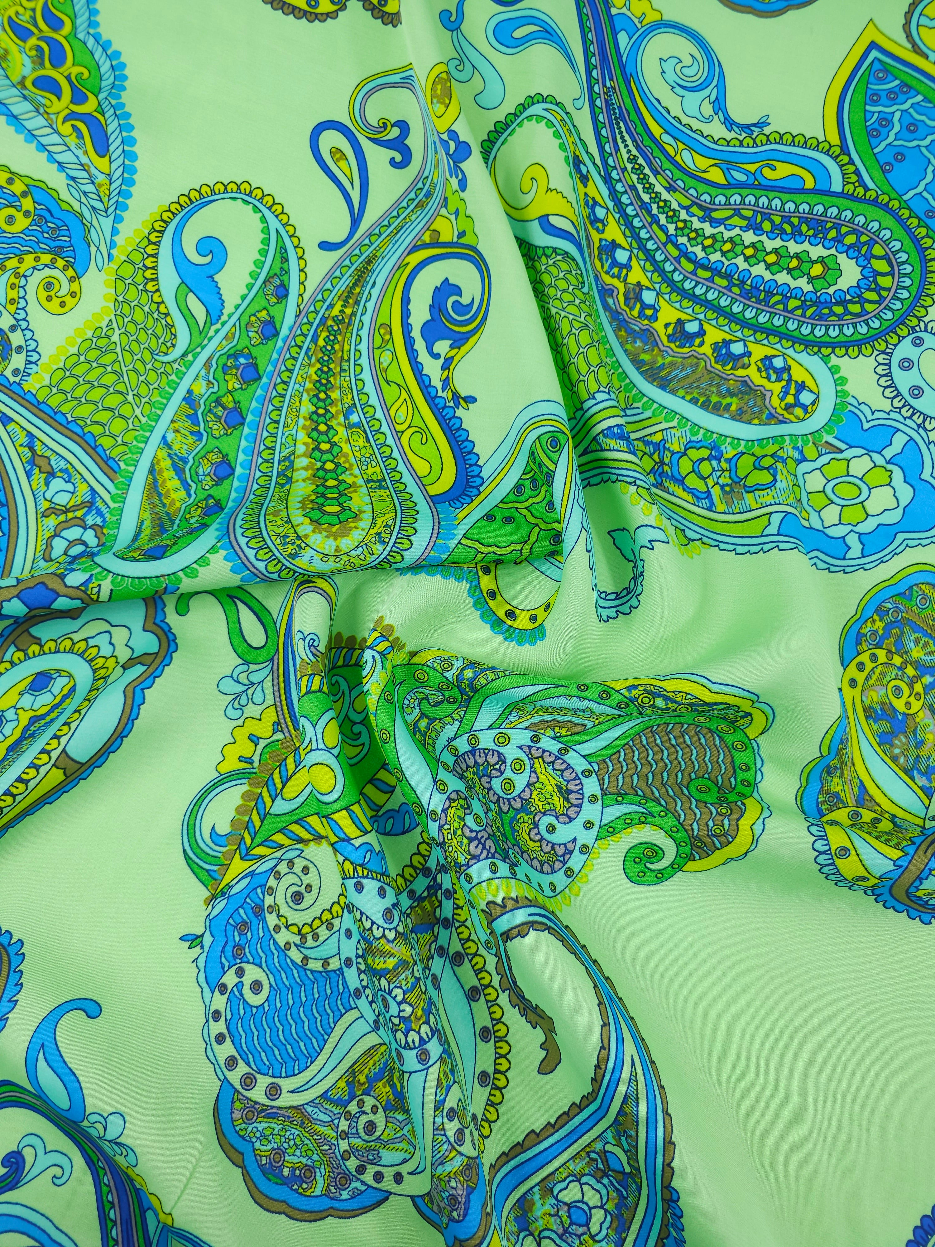 Lime Green/Blue Paisley Viscose Satin