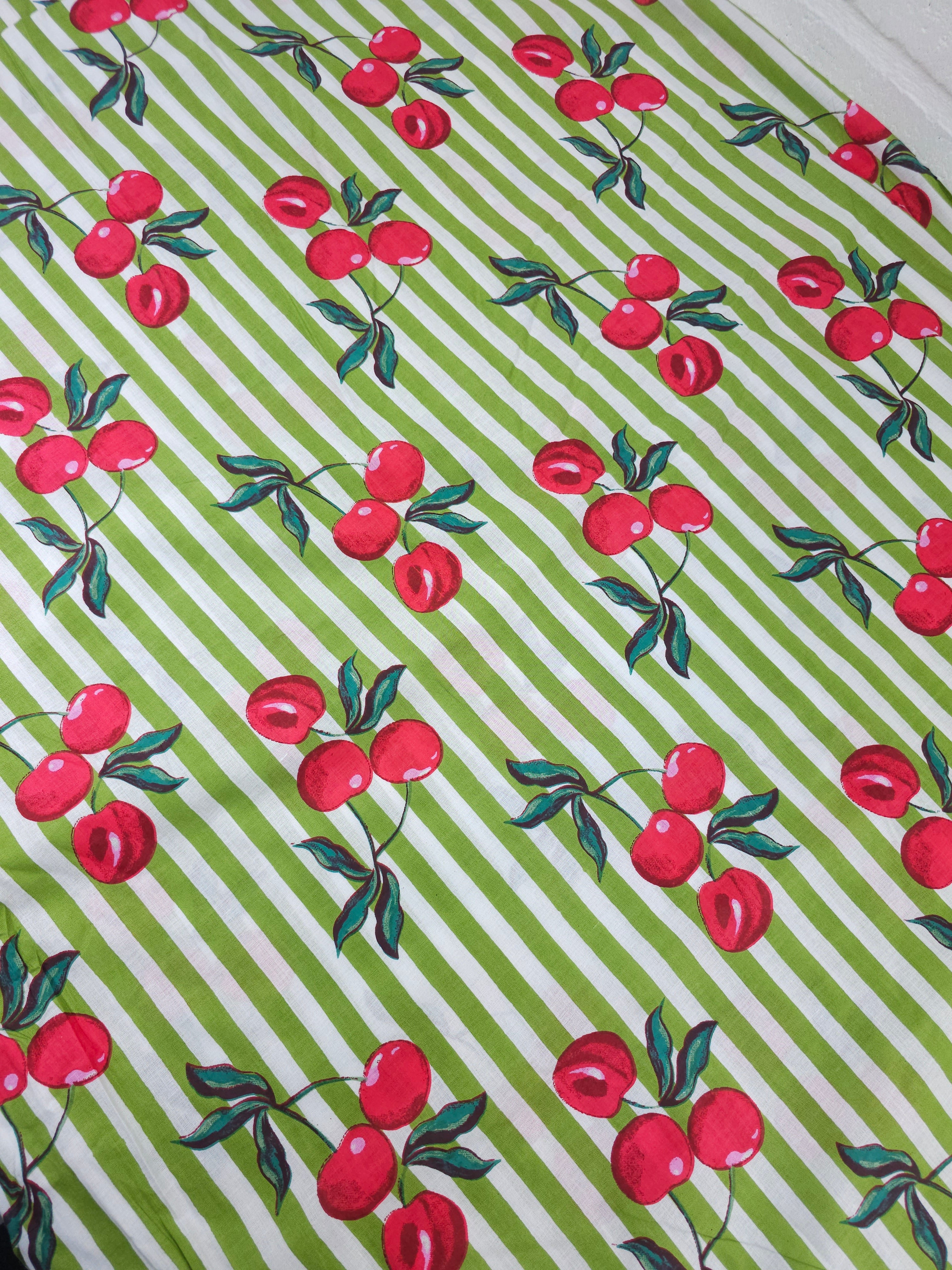 Muted Green Cherry Stripe Lightweight Cambric Cotton