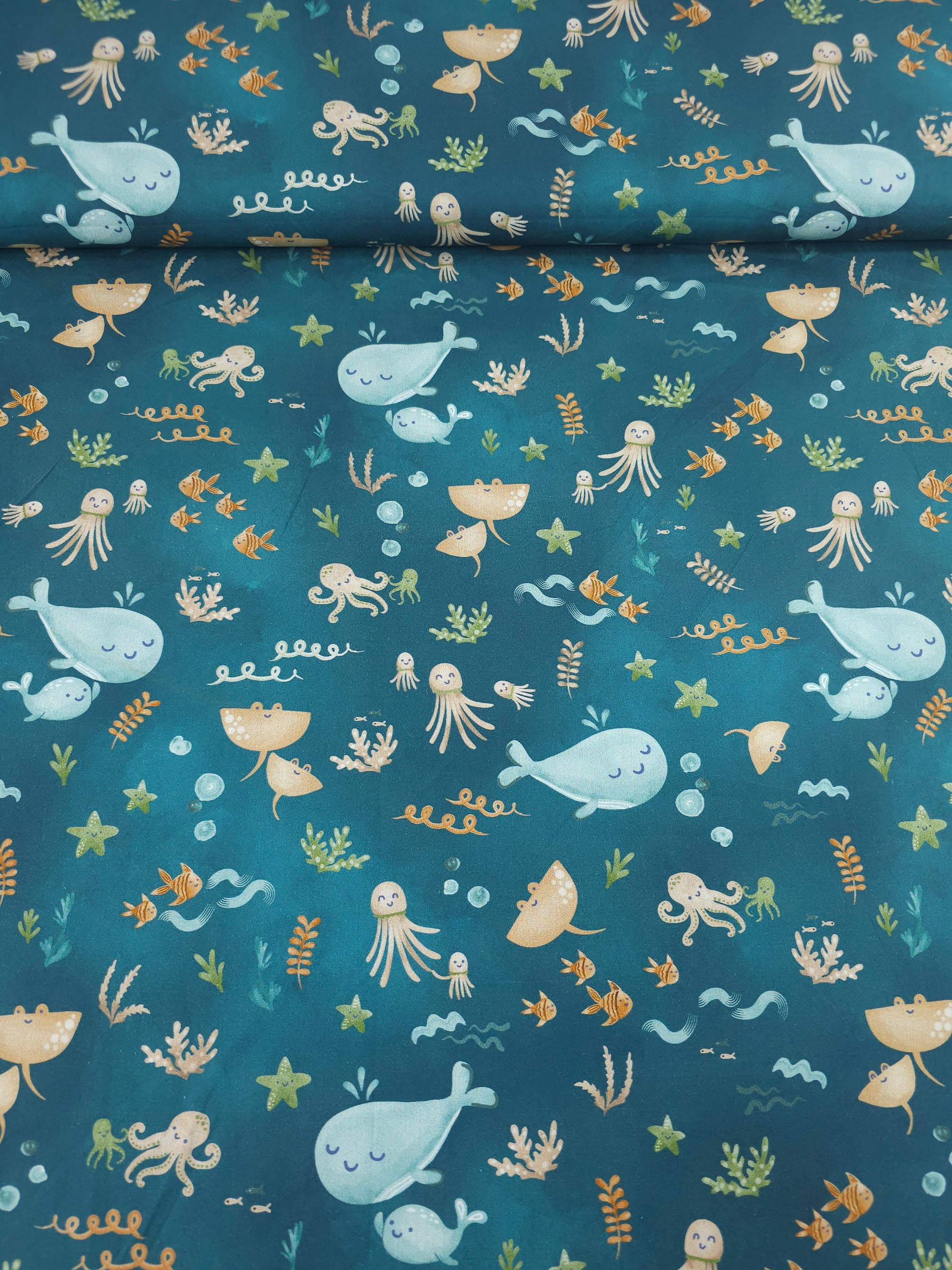Teal Happy Sea Animals 100% Cotton 57"