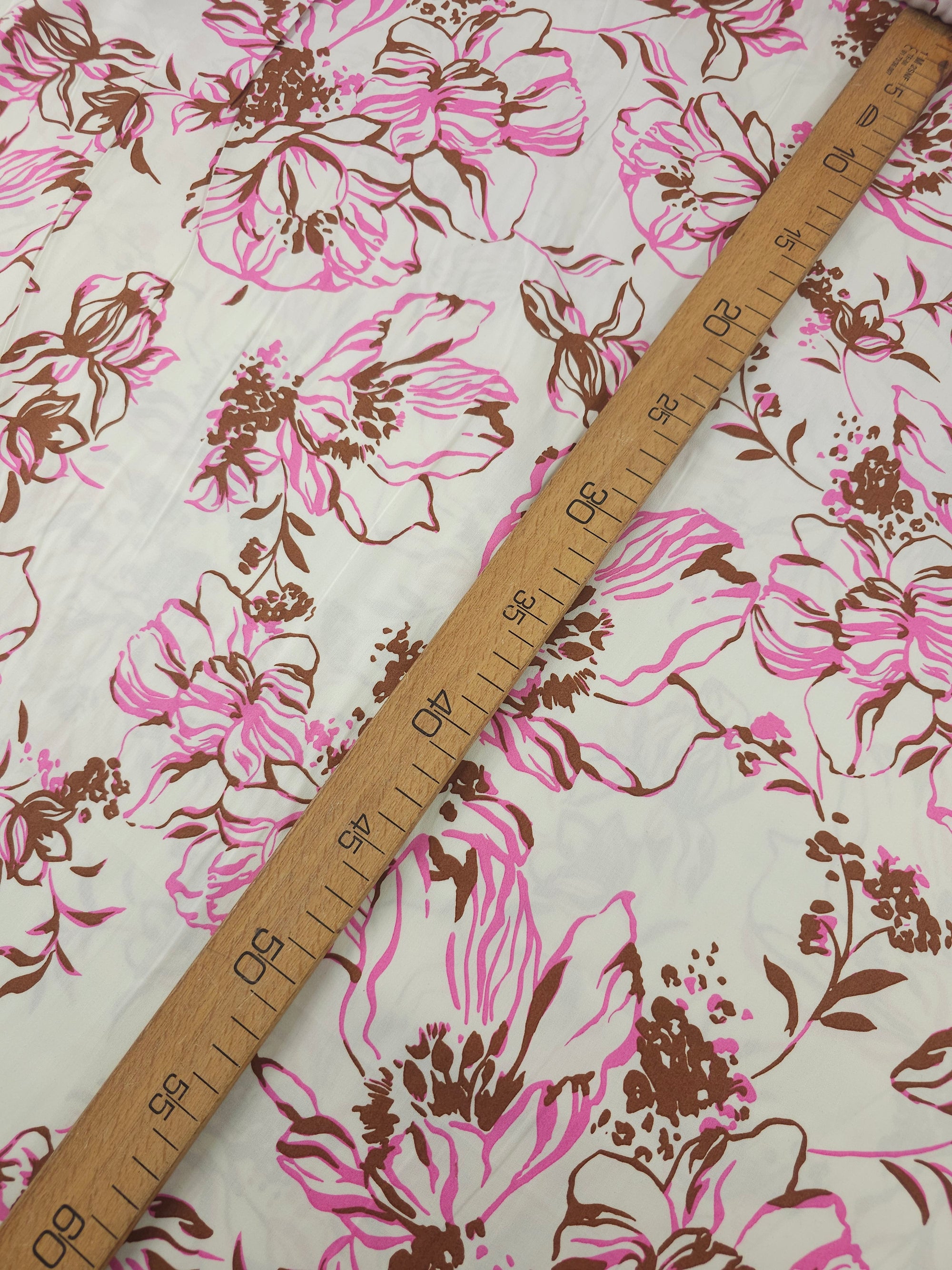 Fuchsia Pink/Brown Sketch Floral Cotton Satin 57"