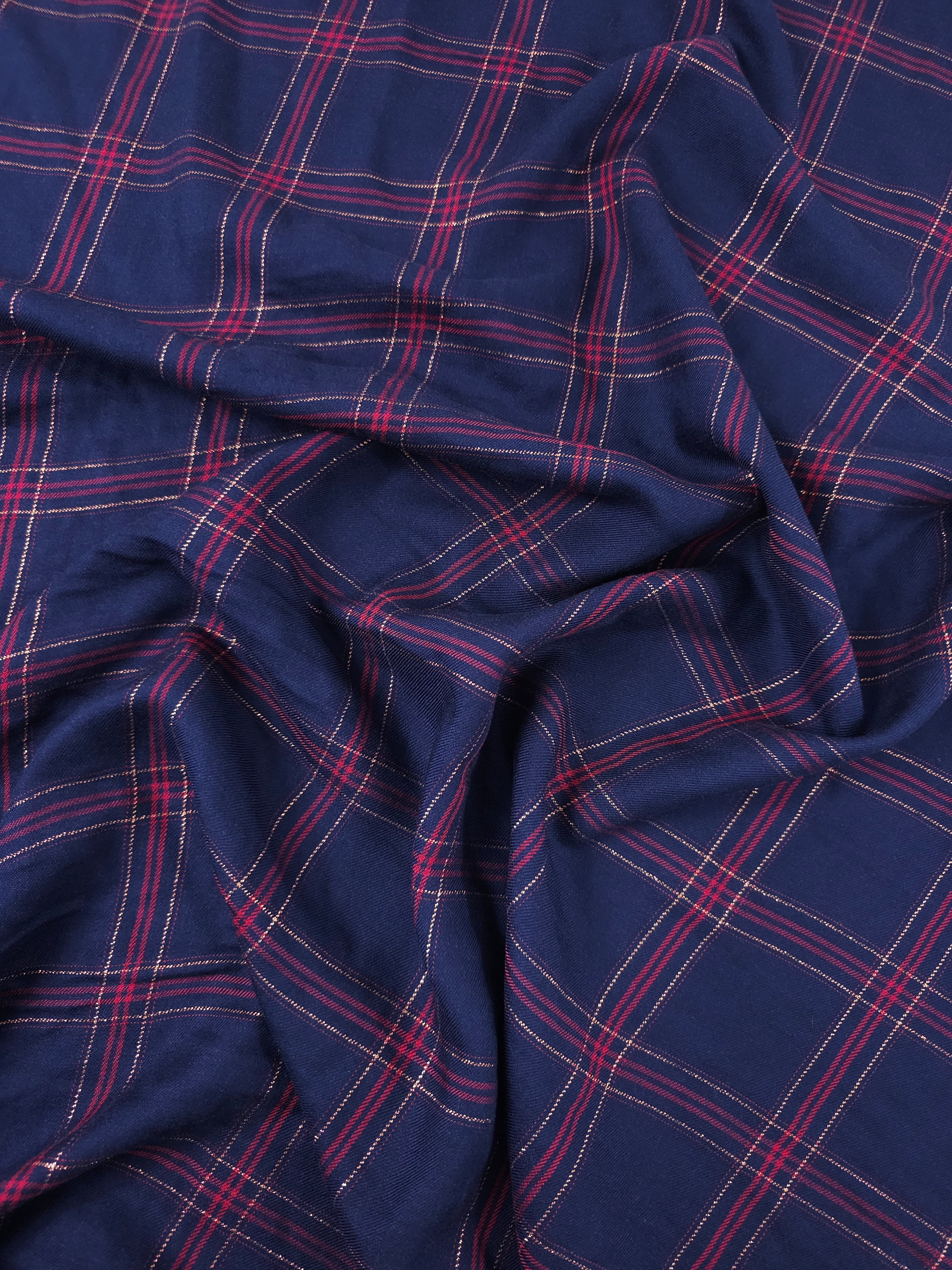 Indigo Navy Lurex Square Check Viscose Challis