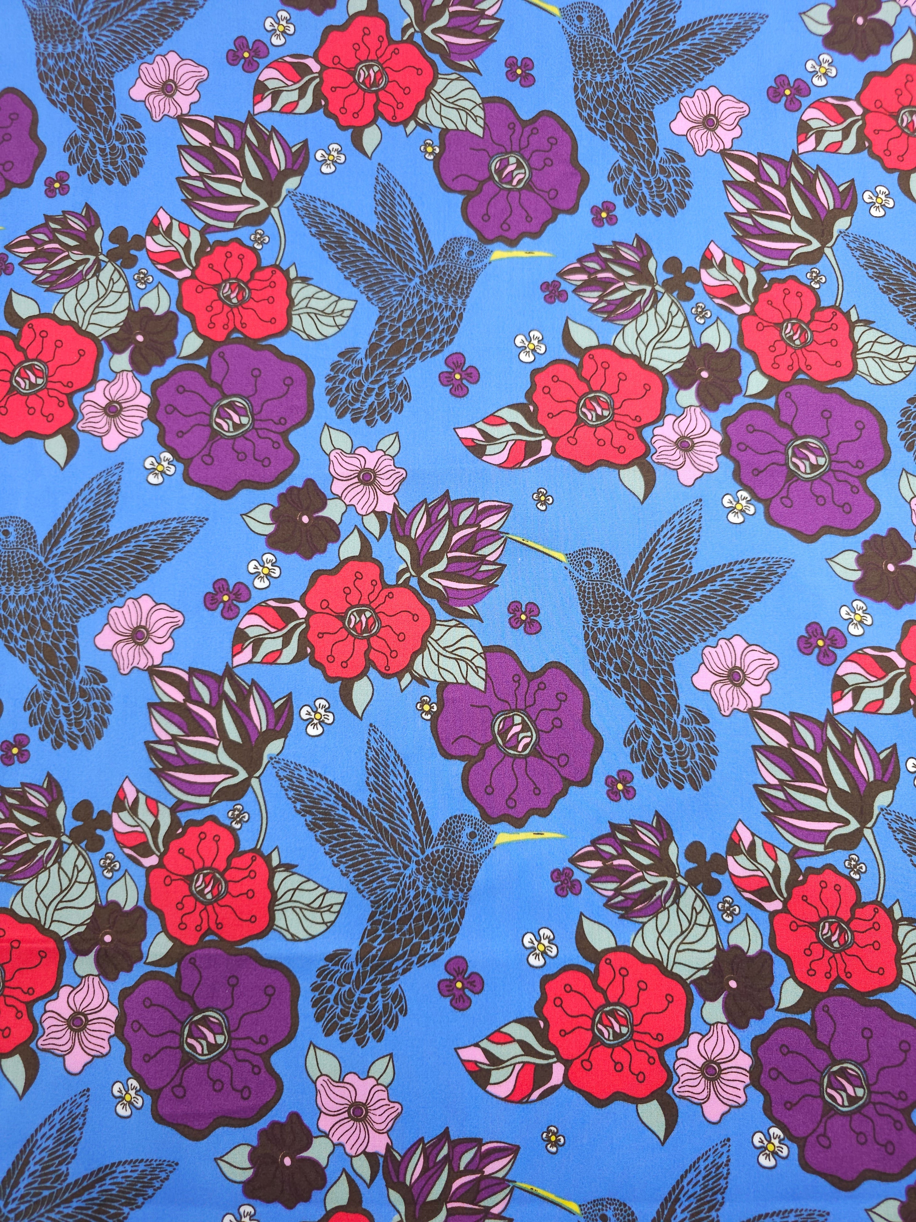 Blue Pop Bird Floral Cotton Poplin