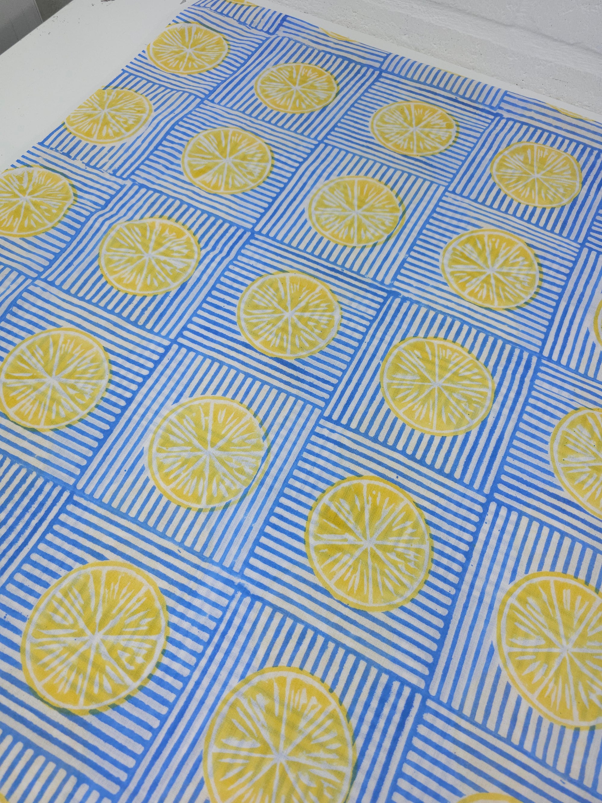 Lemon Stripe Tile Block Print Cotton