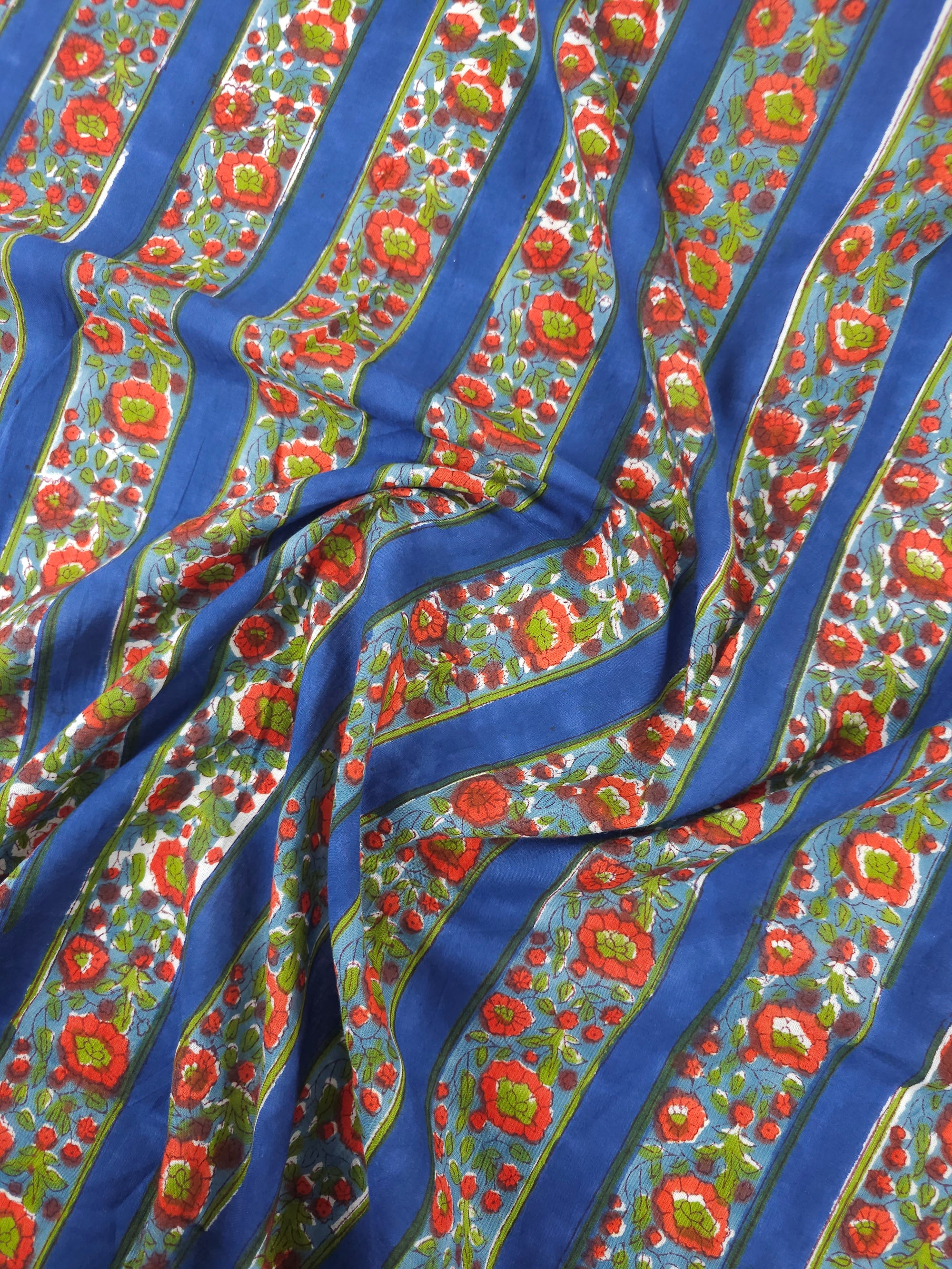 Dark Blue/Red Floral Stripe Block Print Cotton