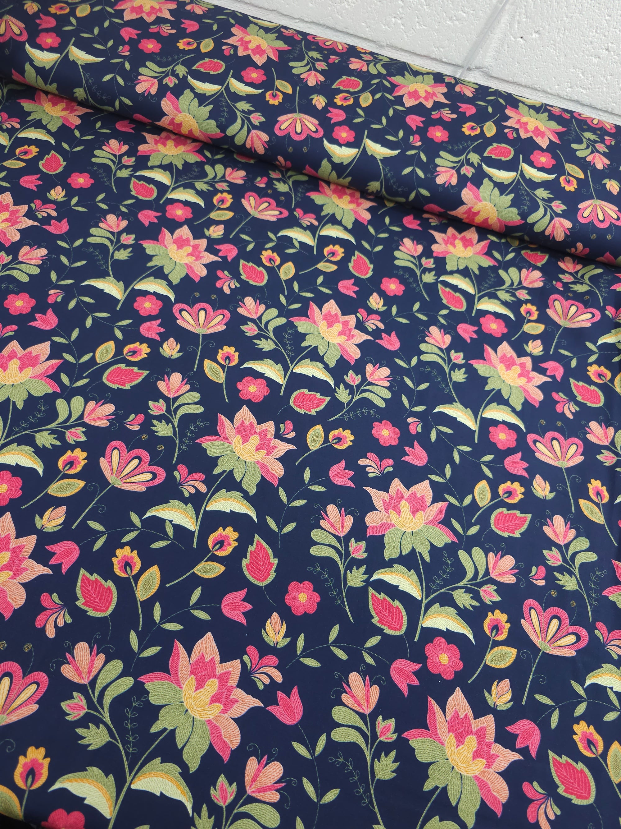 Navy Embroidery Look Floral Cotton Viscose *THE CRAFTY PIE*