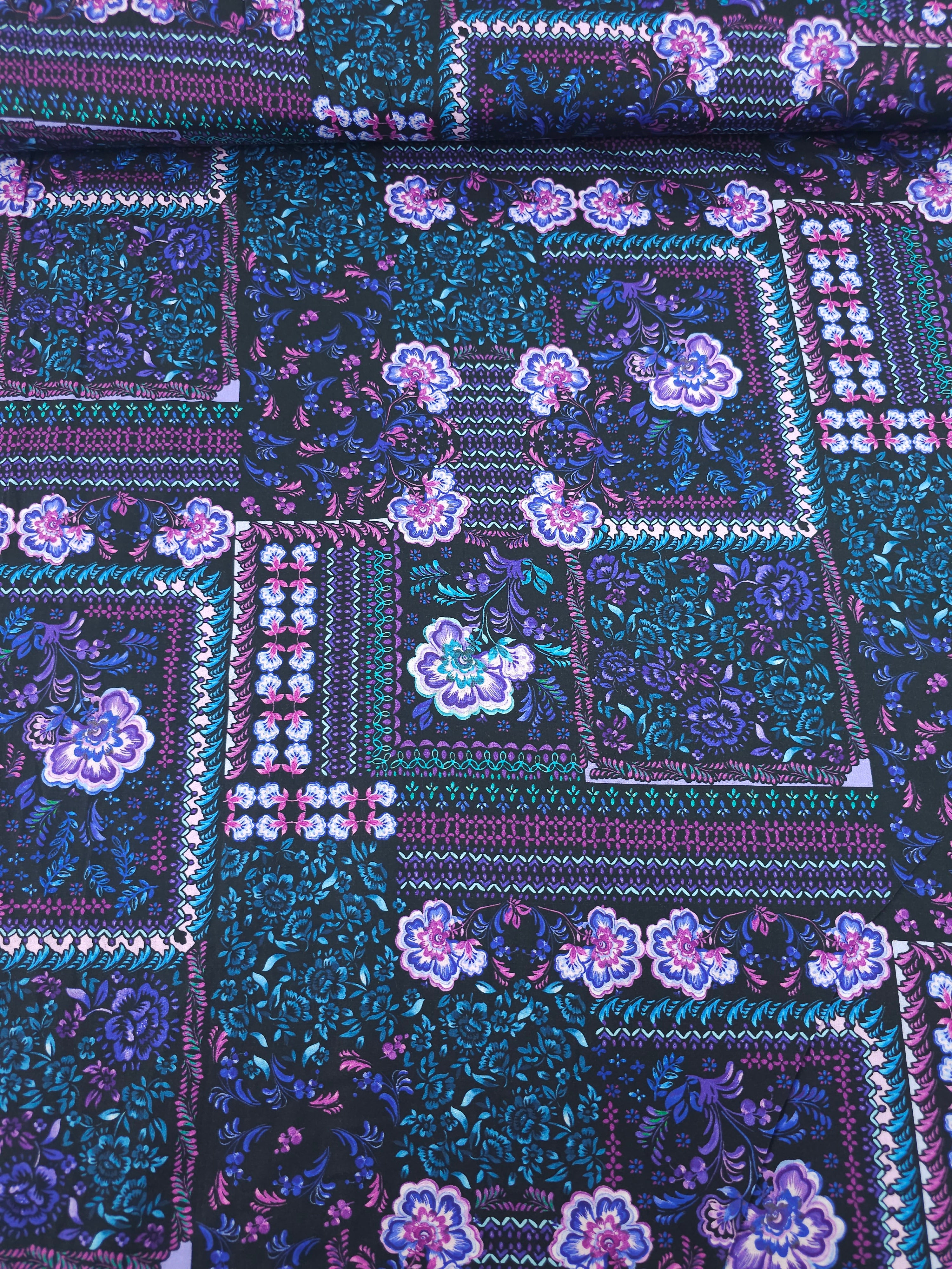 Teal/Purple Wonder Floral Patchwork Cotton Viscose 60"