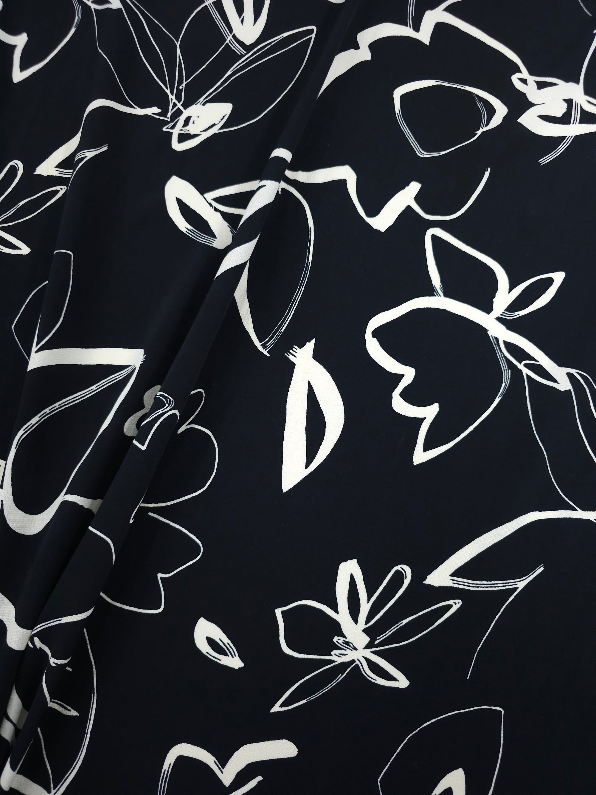 Black/Ivory Spaced Floral Sketch Viscose Crepe
