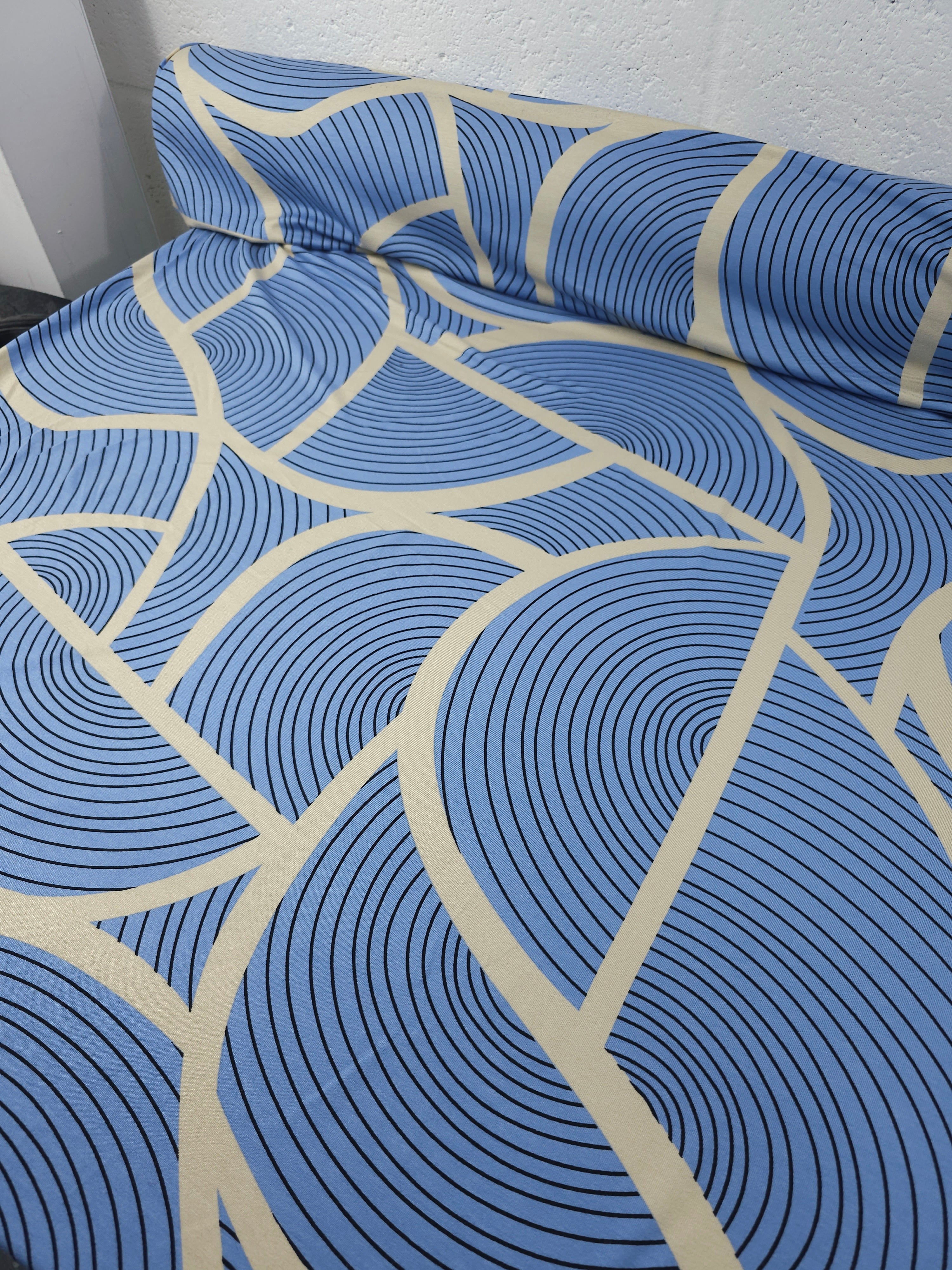 Powder Blue/Cream Abstract Striped Curve Viscose Jersey