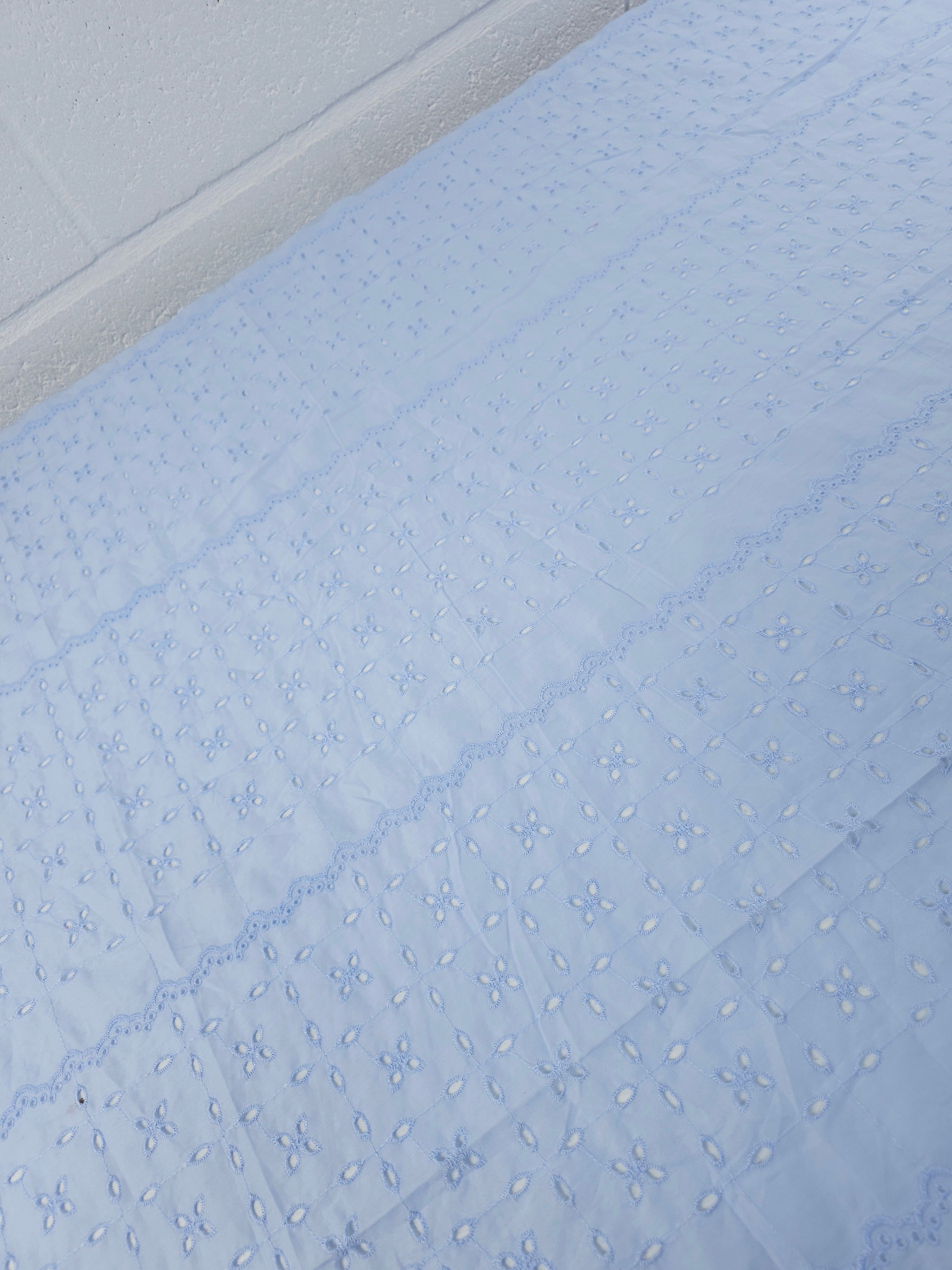 Baby Blue Floral Block Stripe Cambric Cotton Broderie Anglaise