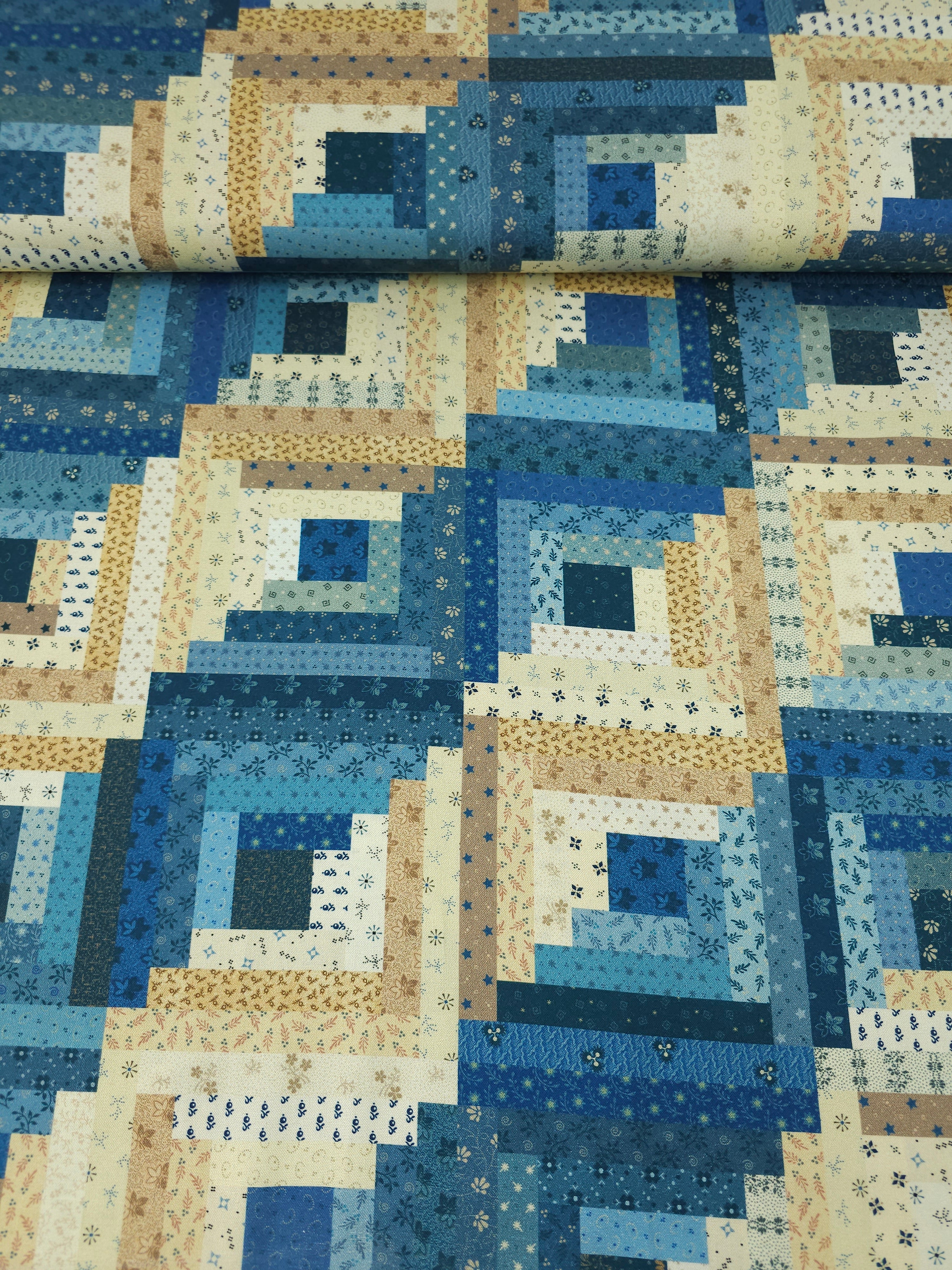 Blue/Cream Muted Patchwork 100% Cotton