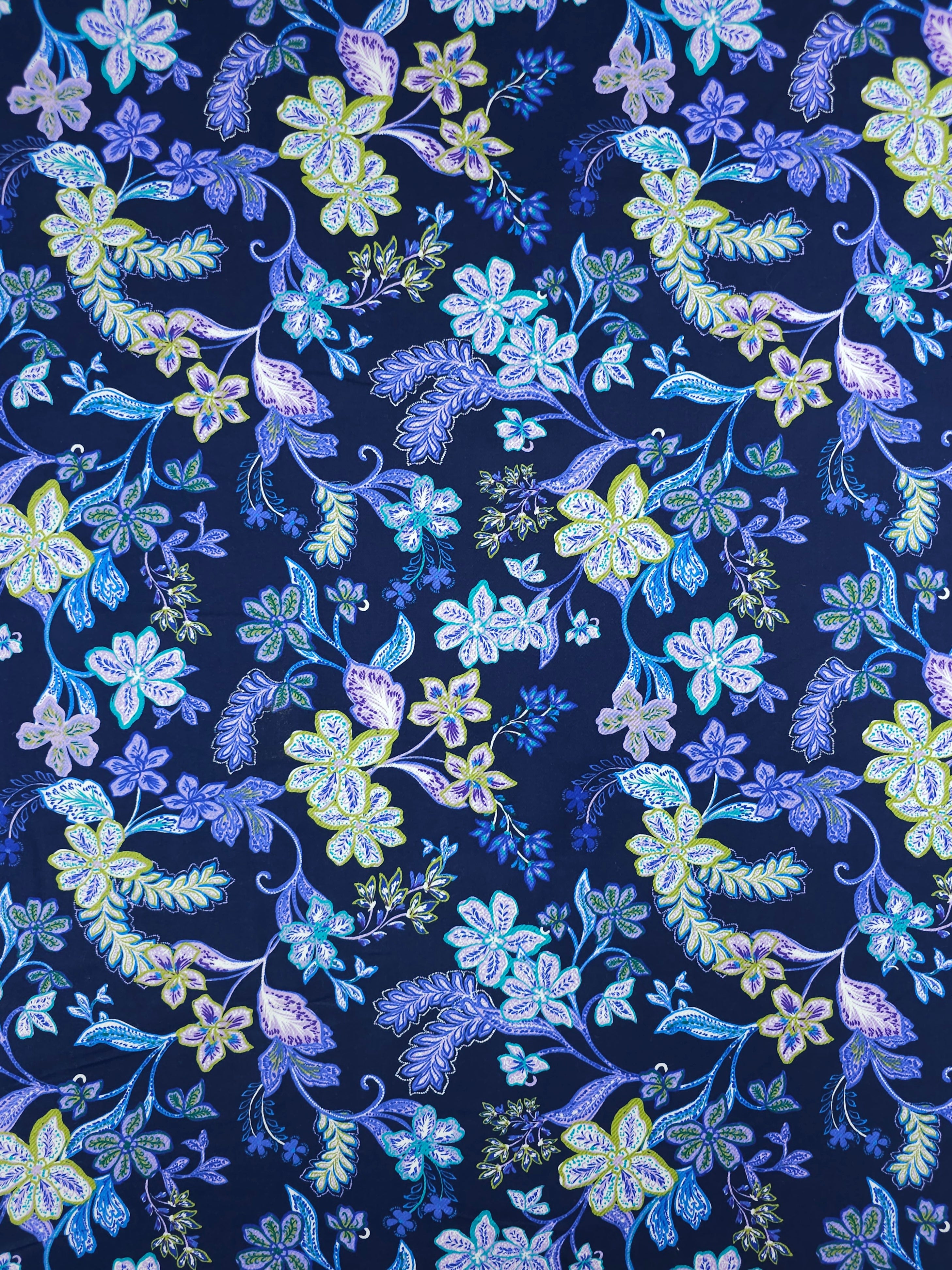 Indigo/Lime Floral Fantasy Lightweight Cotton Sateen Twill