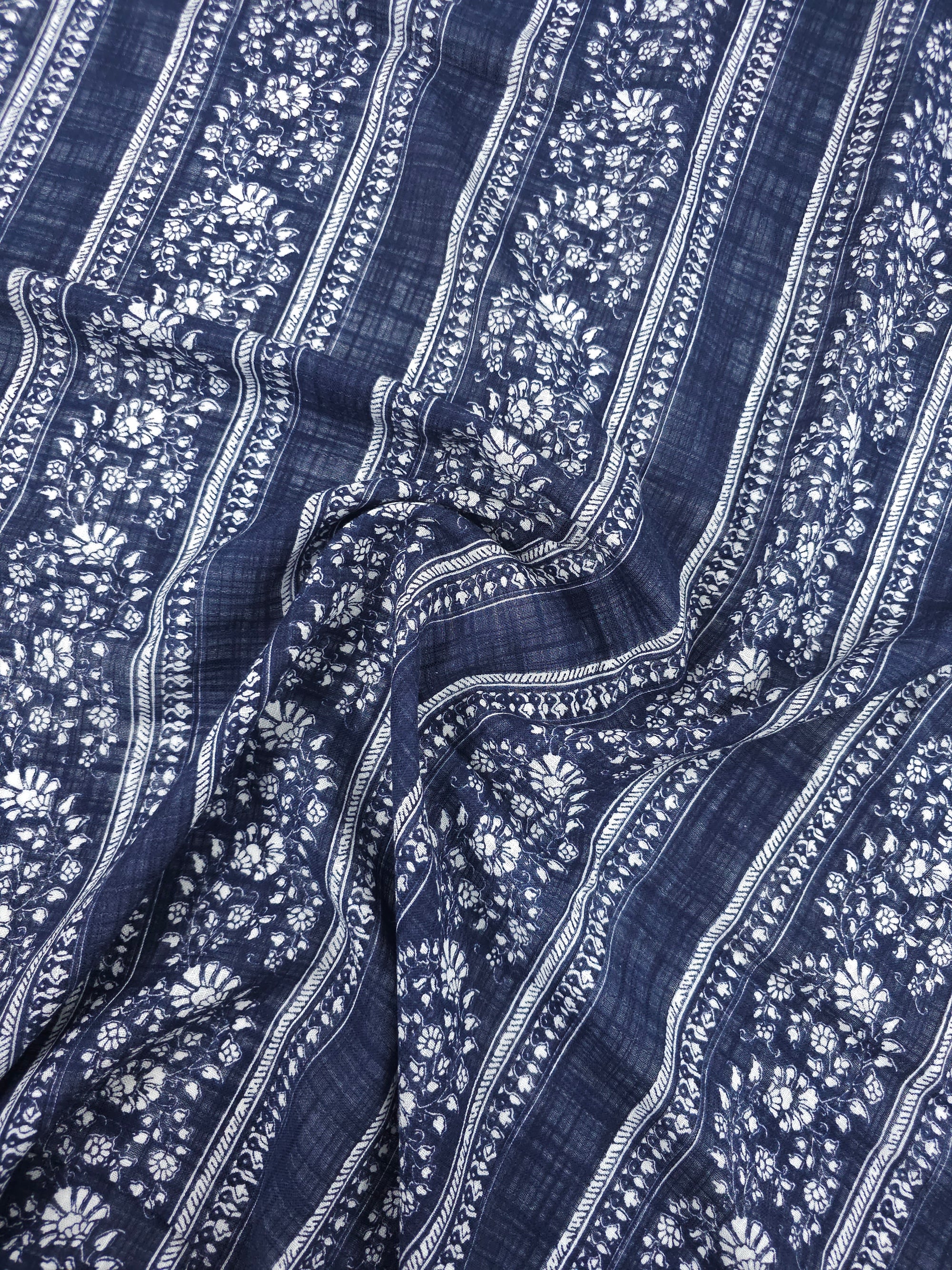 Navy Floral Stripe Cotton Flax