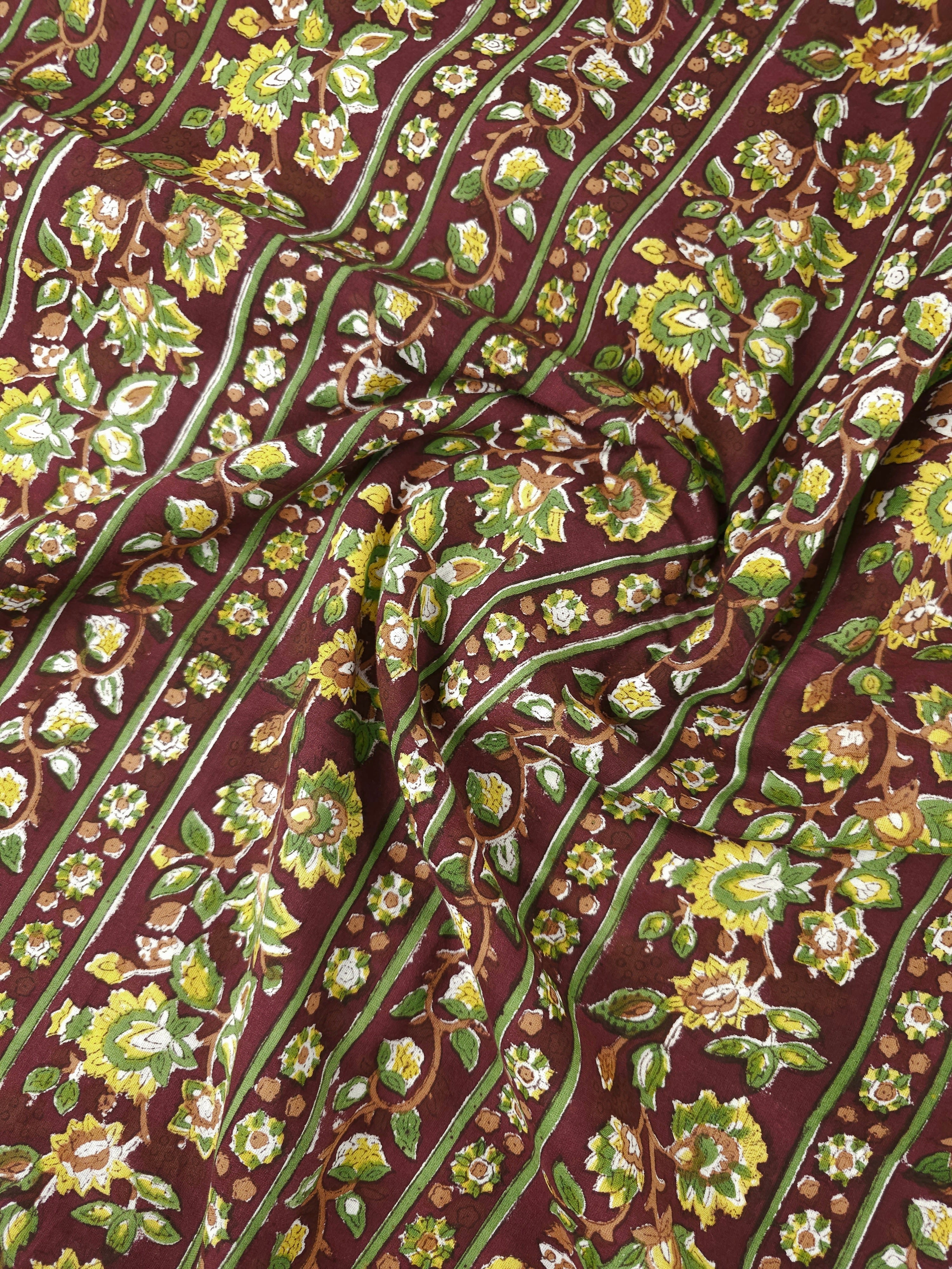 Burgundy Floral Twine Stripe Block Print Cotton