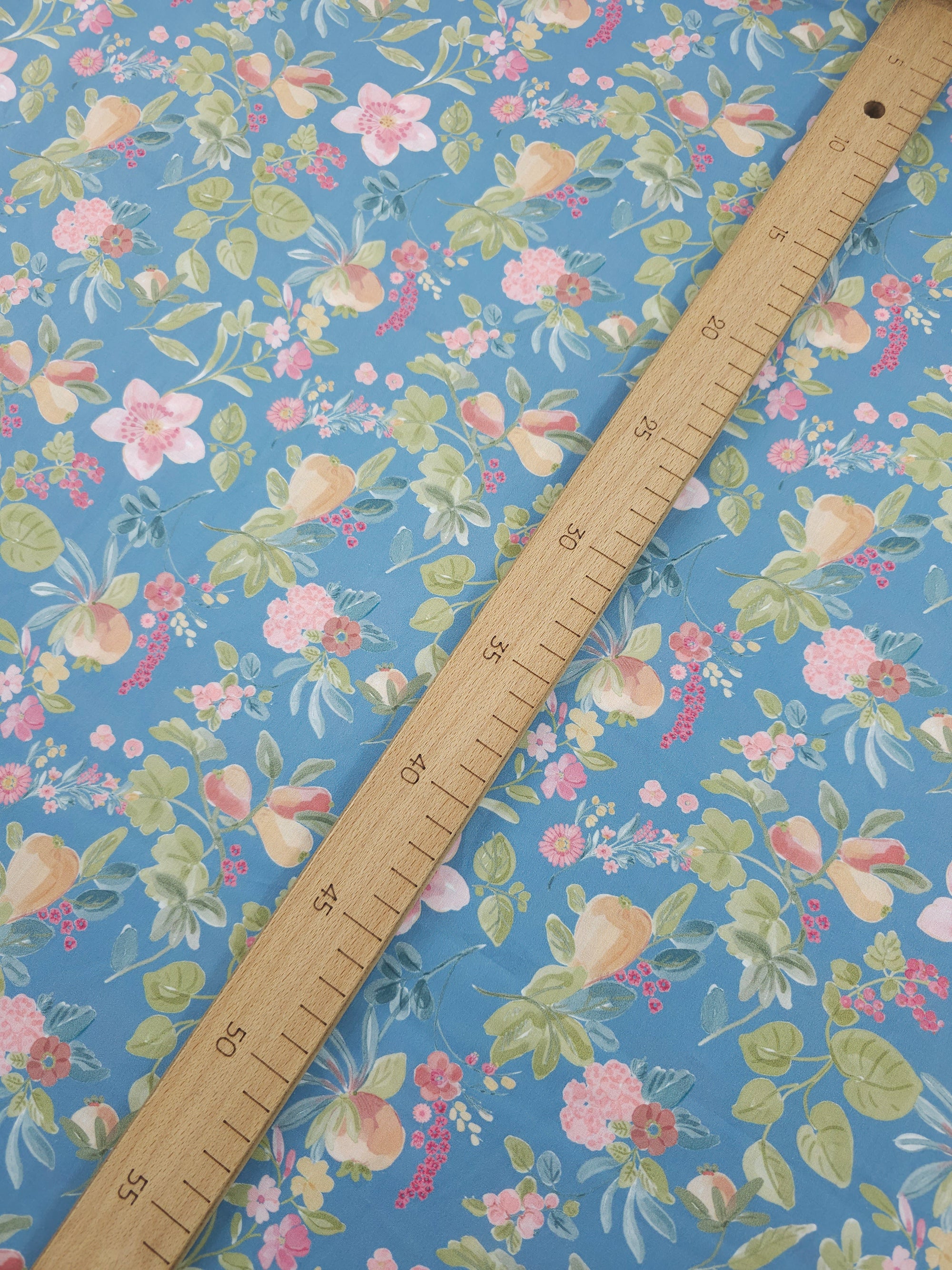 Powder Blue Floral Fruit Lightweight Cotton 57"