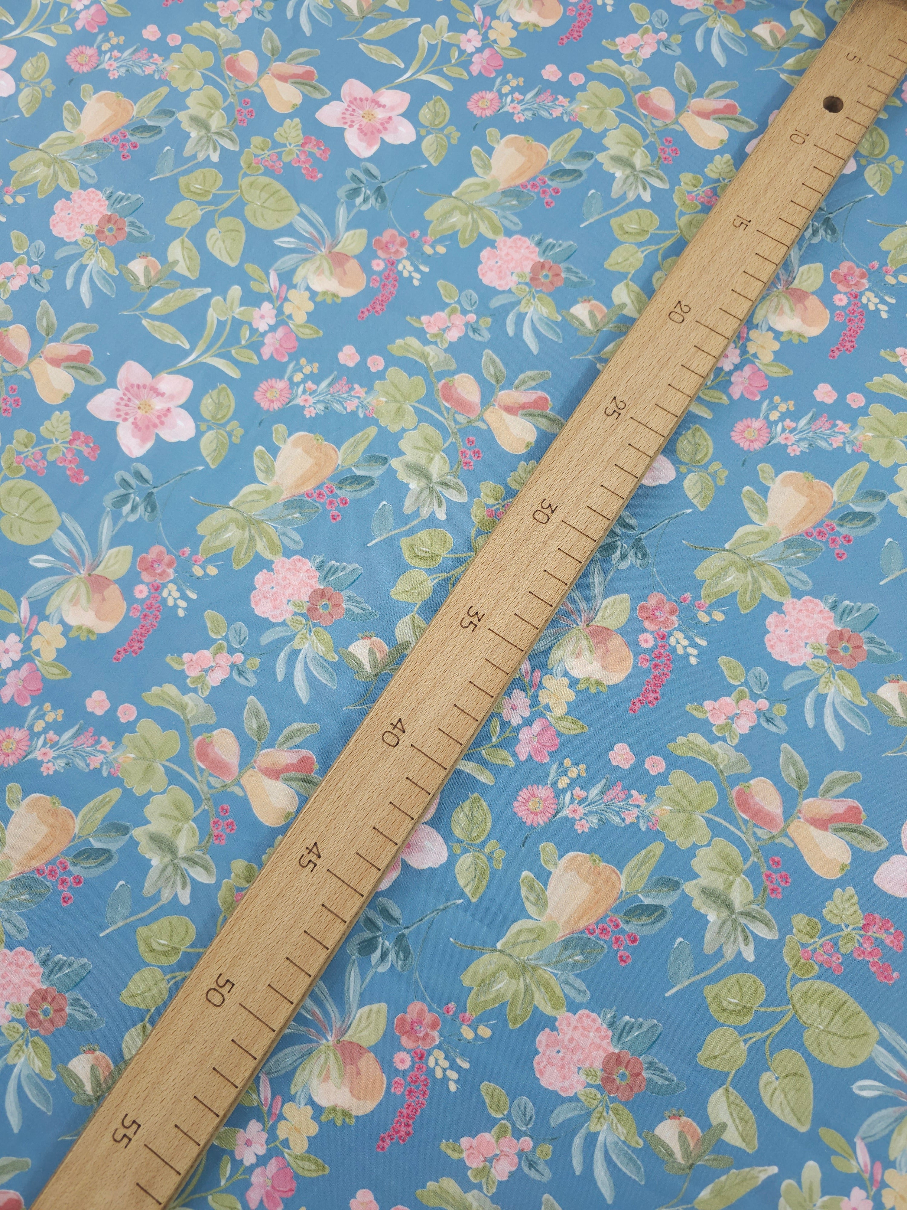 Powder Blue Floral Fruit Lightweight Cotton 57"