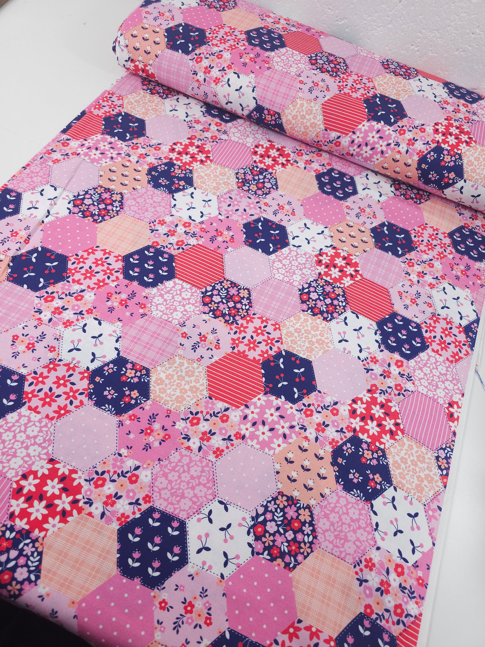 Cherry Floral Patchwork Hexagons 100% Cotton