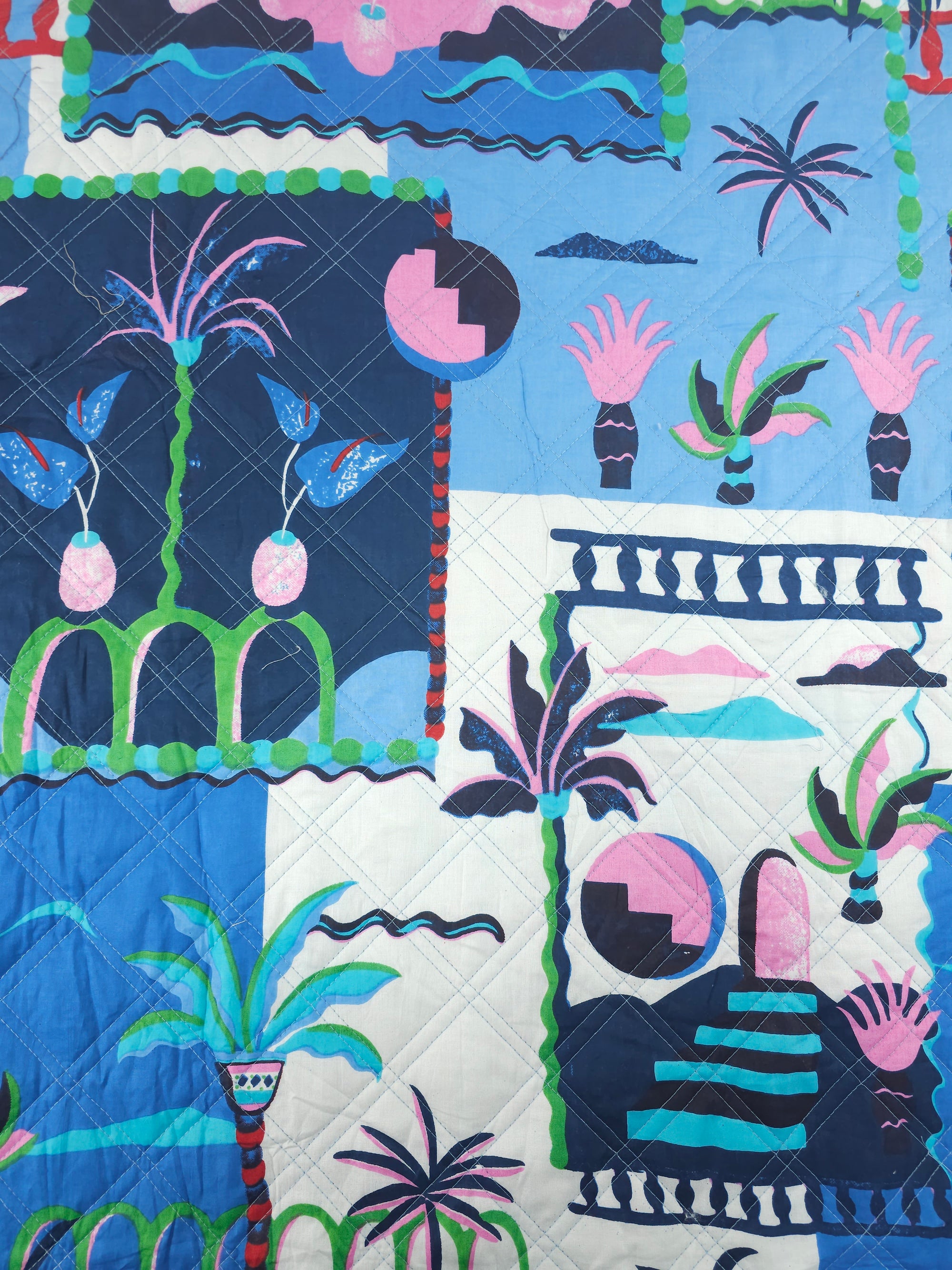 Blue/Pink Palm Tree Scenery Quilted Screen Print - 1.35m Piece
