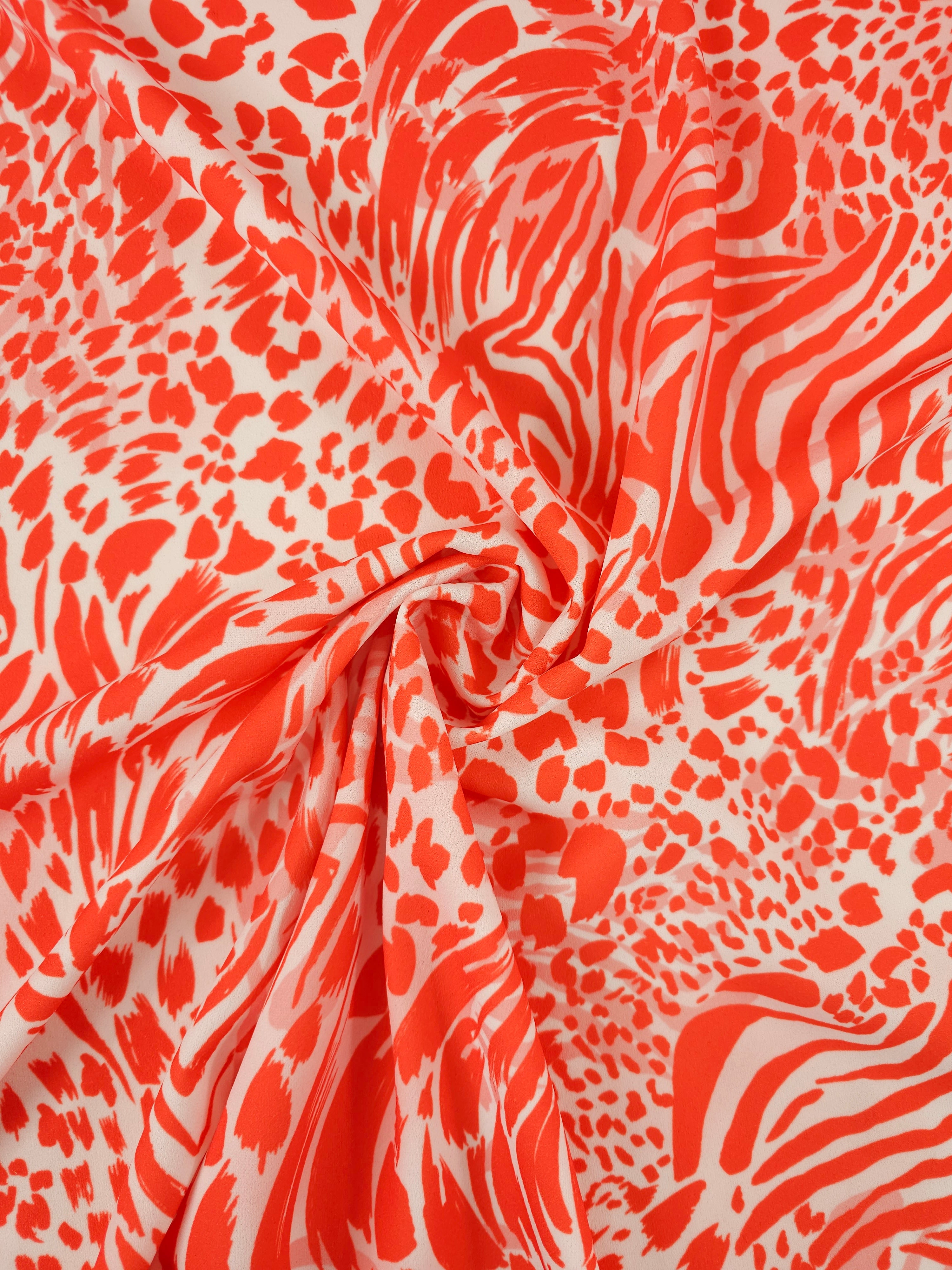 Orangey Red/White Animal Print Poly Jersey