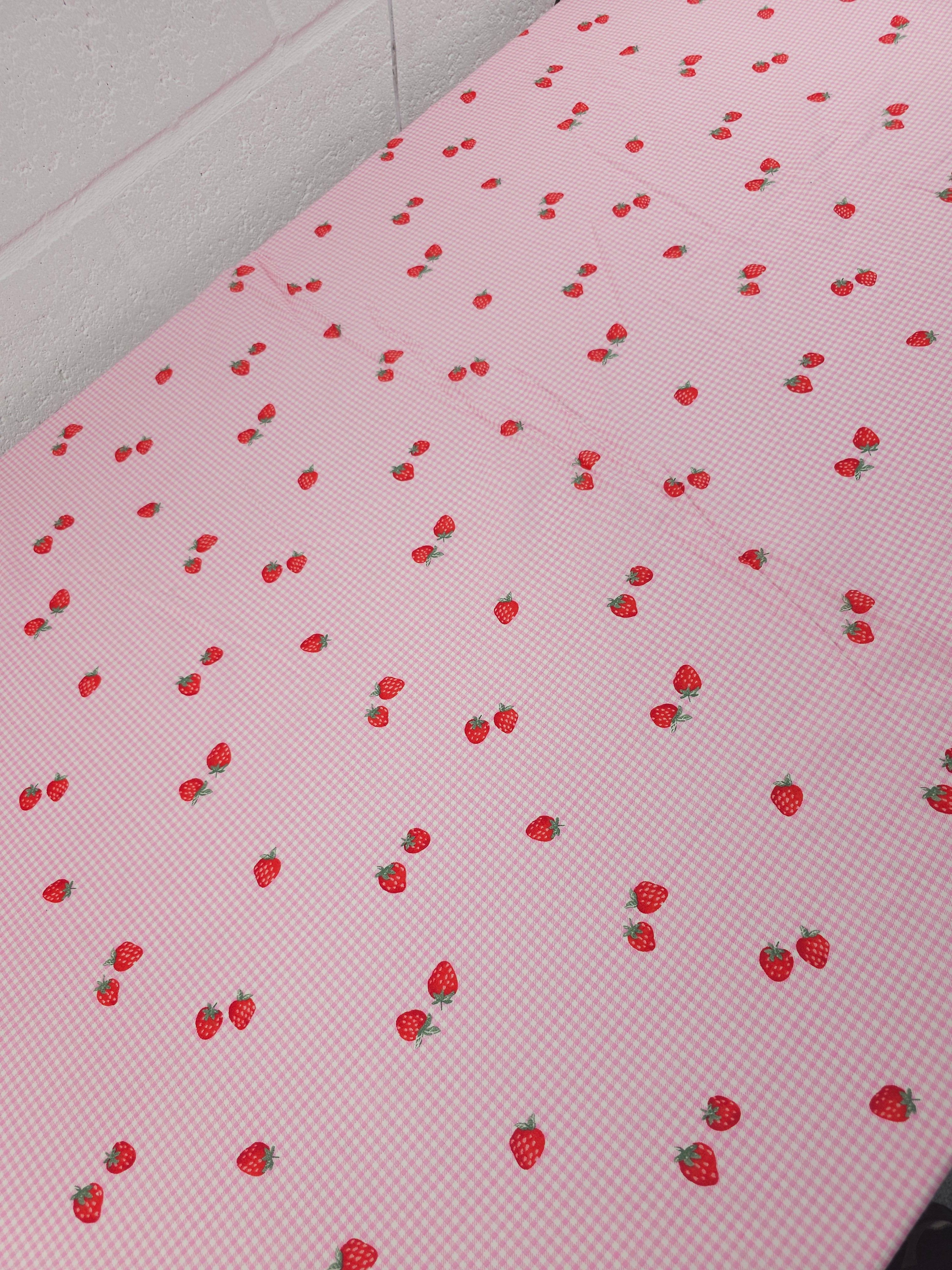 Pink Gingham Floating Strawberry Lightweight Cotton