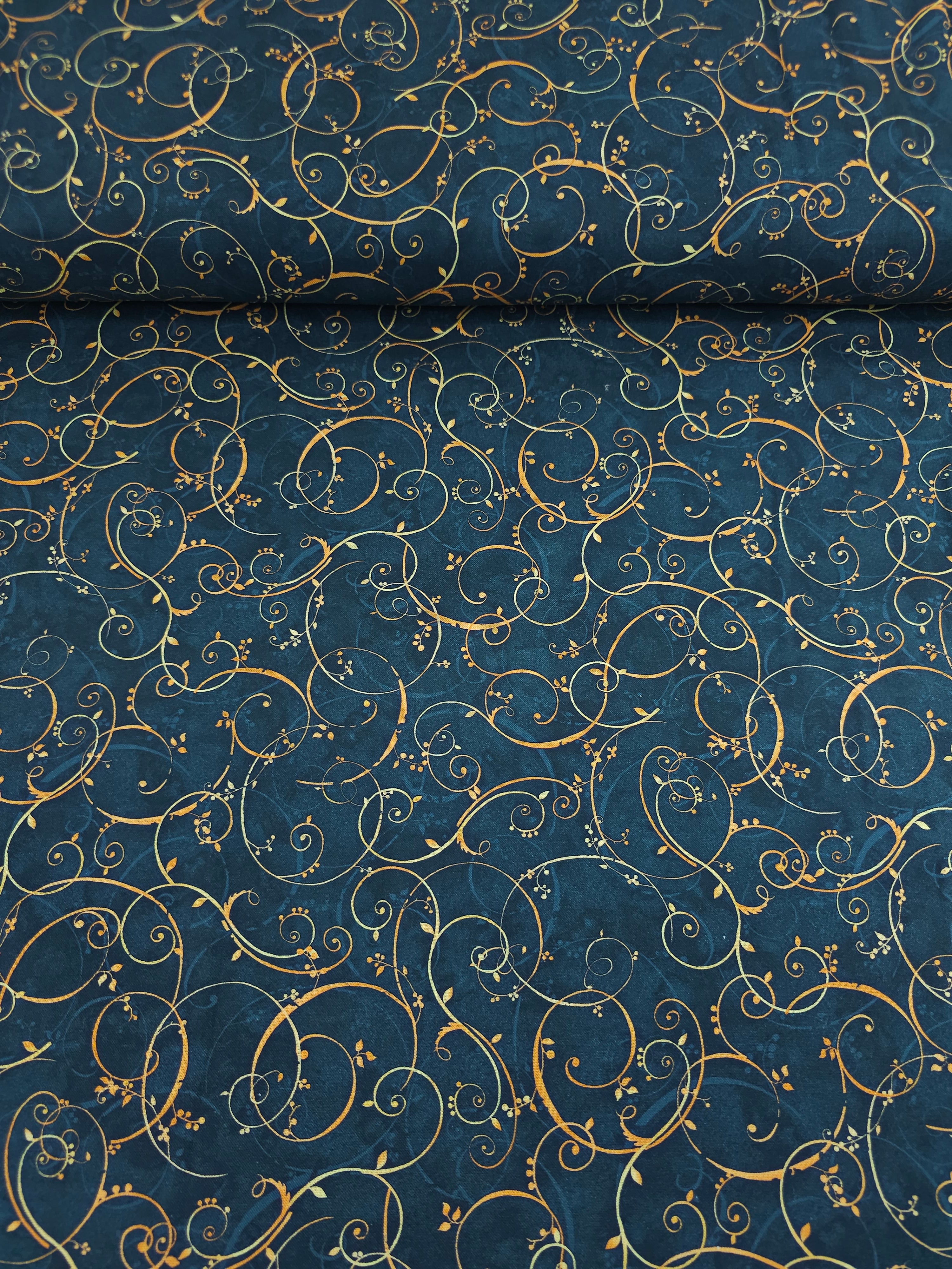 Petrol Navy/Marigold Elegant Swirl Vine 100% Cotton