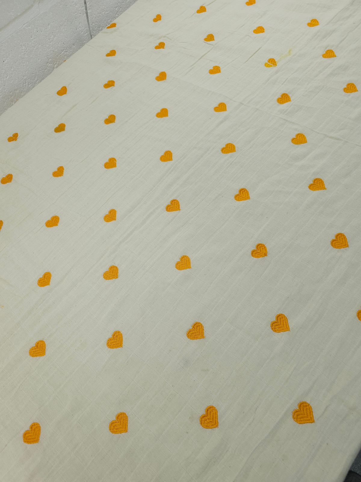 Marigold Orange Embroidered Hearts Grid Double Gauze