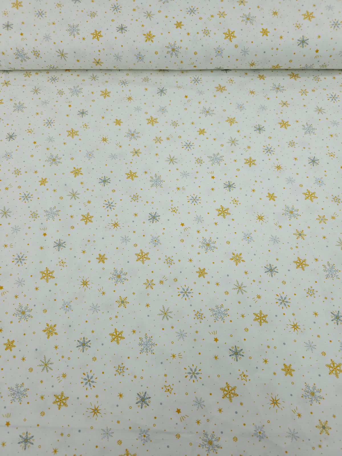 Grey/Gold Ditsy Snowflakes 100% Cotton