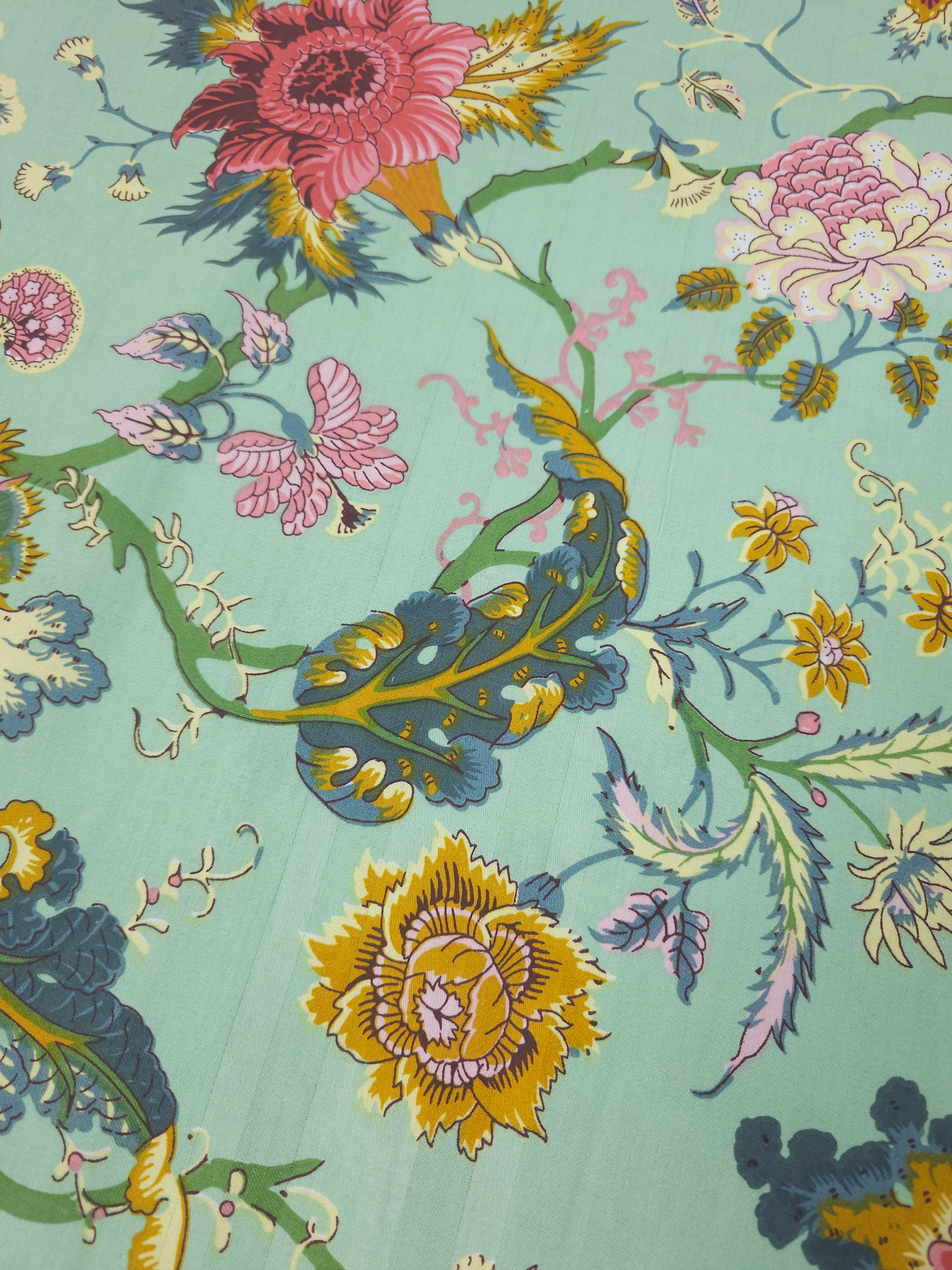 Minty Green Retro Floral 100% Cotton 110" *DEFECT*